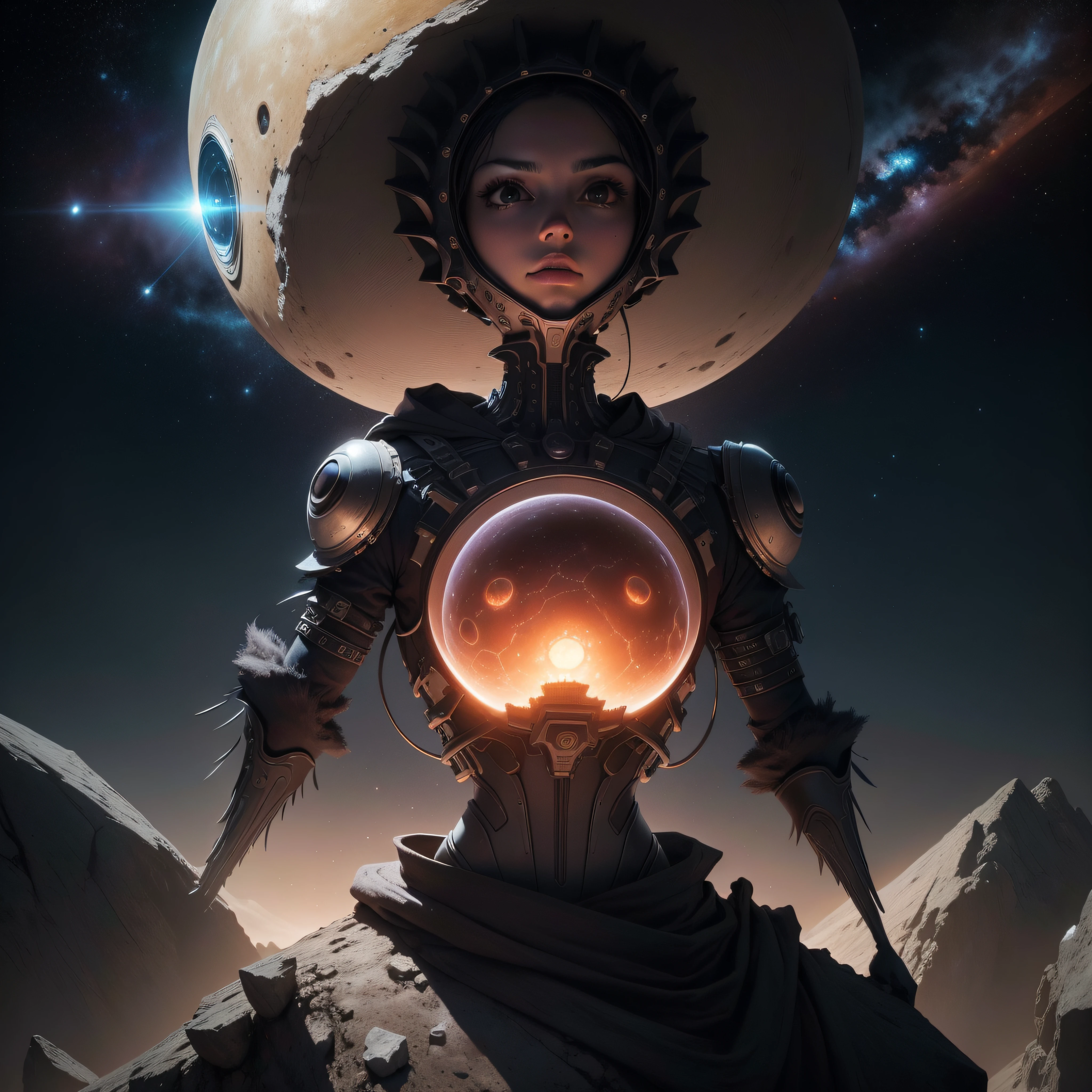 (extremadamente detallado, obra maestra, La mejor calidad), Estilo oscuro, intense illumination, bacteriophage virus floating through space approaching a planet. Aesthetics 2001, una odisea en el espacio.