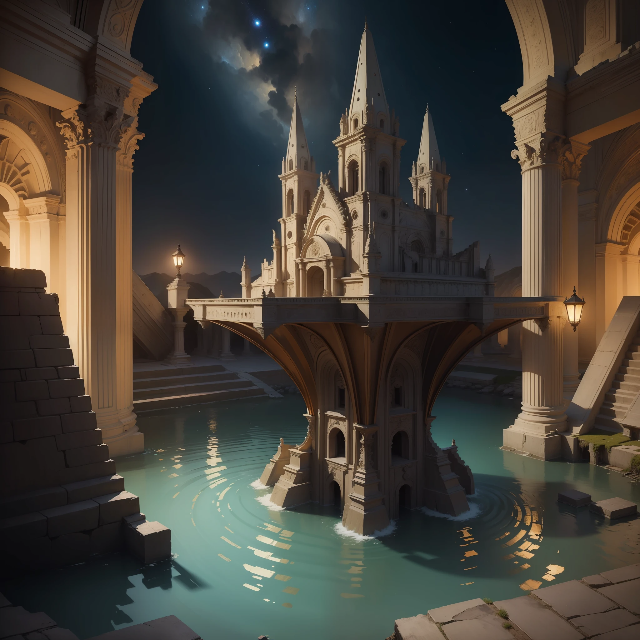(masterpiece, best quality, realistic, detailed, sharp:1.2), intricate details, an alien space craft going into the water at night in Peruvian ruins, highly detailed beautiful, masterpiece, best quality