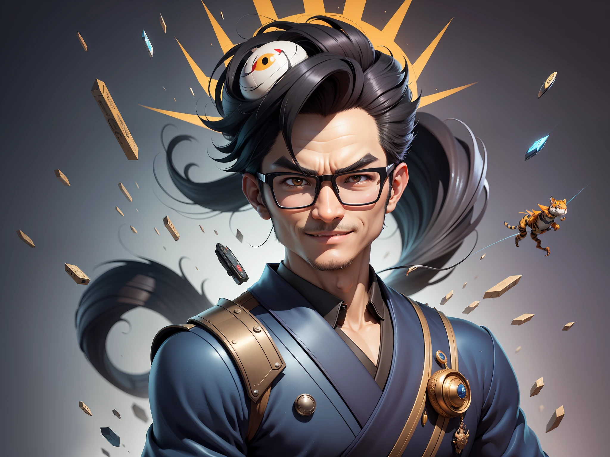 (Masterpiece), (Excellent), (Super Meticulous), (Full Body: 1.2), Super Young Man with Japanese Female Geisha, Pretty, Beautiful, Chinese Dragon, Tiger, Wind God Thor, Sexy, Bursting, Oriental Face, TV Anchor, Bust Portrait Illustration, Black Suit, Blue Tie, Slightly Chubby Face, Silver Glasses, Very Clean Face, No Beard on Chin, Black Super Short Hair, Black Eyes, Confident Smile, 3c Computer Sub-Products, iPad, iPhone, Digital Painting, 3D character design by Mark Clairedon and Pixar and Hayao Miyazaki and Akira Toriyama, the illustrations are HD illustrations in 4K resolution with highly detailed facial features and cartoon-style visuals.