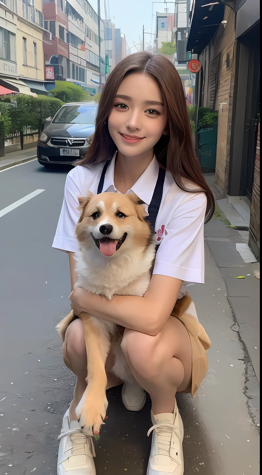 ((top-quality、8K、masterpiece:1.3))、1girl in、A smile、full body Esbian、Slim Faces、Pretty women、(dark brown hair)、Thin shirt、short pants:1.1、hyperdetailed face、A detailed eye、二重まぶた、blured background、Slim Faces、城市、takeout、a street、Stay with the dog:1.3、Interaction with dogs、pet
