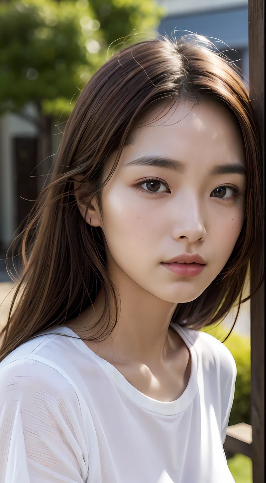 8k, best quality, masterpiece, realistic, ultra detail,  photography, HDR, ROW photo, highres, absurdres, smoother light, official art, depth of field, (brightening light:1.1),
face close-up, slender, finely detailed face, shy, beautiful details eyes, 19years old korean, pretty, (best quality real texture skin:1.4),
t-shirts, wind,