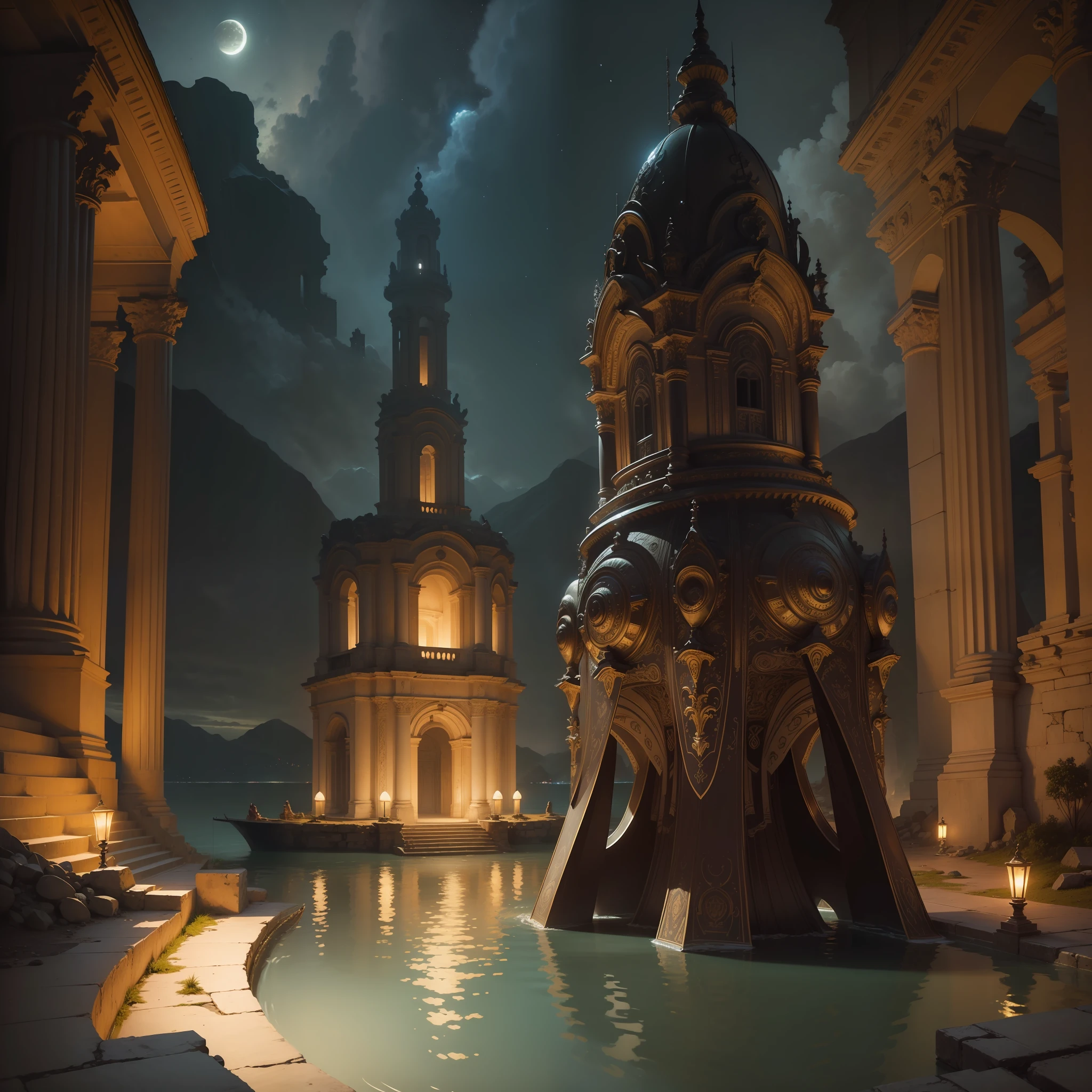 (masterpiece, best quality, realistic, detailed, sharp:1.2), intricate details, an alien space craft going into the water at night in Peruvian ruins, highly detailed beautiful, masterpiece, best quality