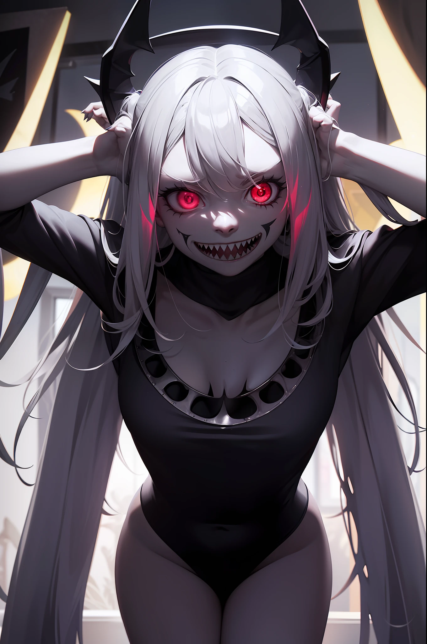 A creature taken from children's nightmares. cuerpo femenino, shark teeth, Multiple extraviscous limbs, halo brillante en su cabeza, ojos rojos. You're in a school classroom with a threatening attitude. ((Brazos dobles viscosos y afilados))