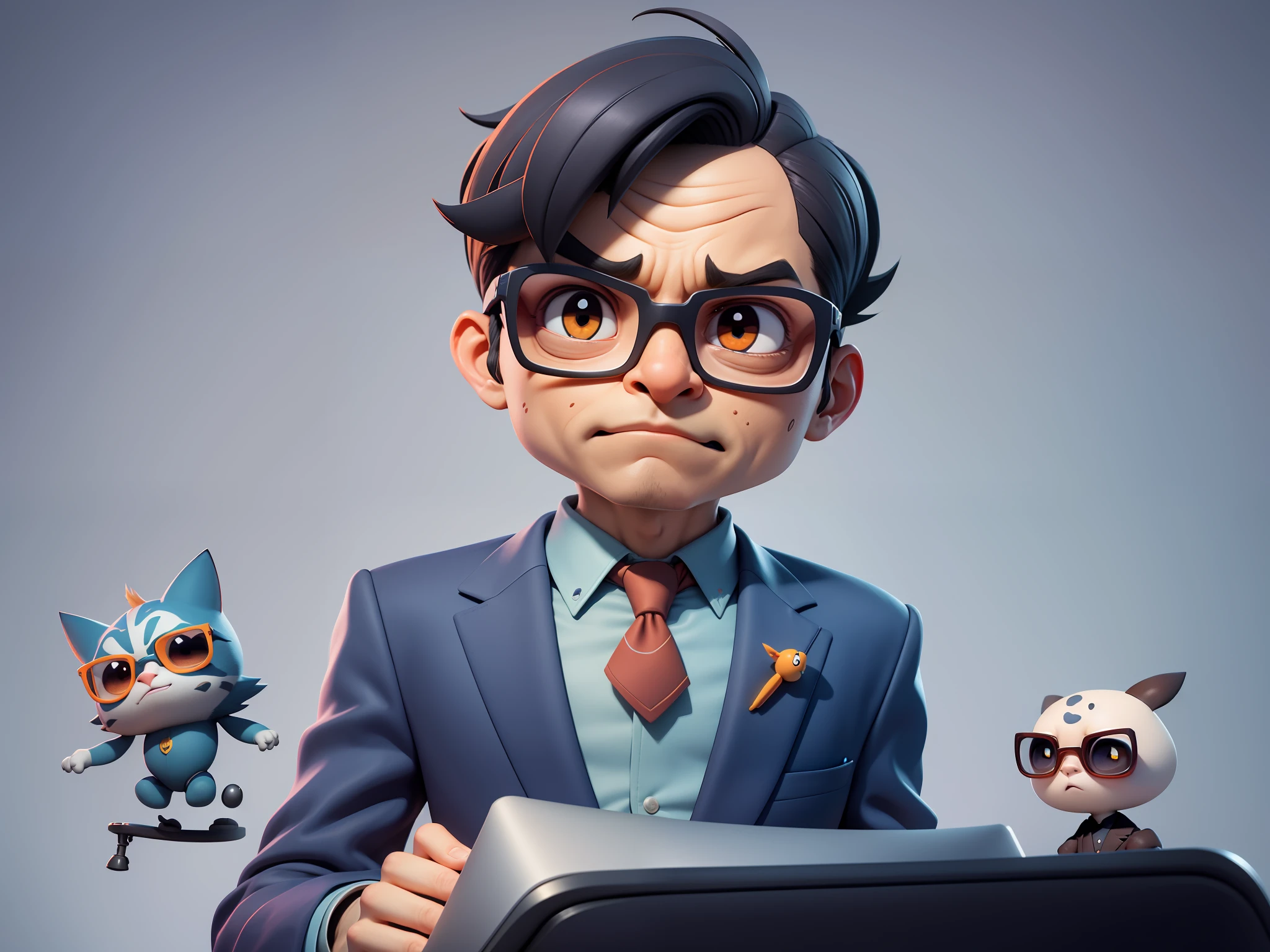 A young man in a suit, Short hair and glasses sat at his desk,holding laptop,digitial painting,tigre,3D character design by Mark Clairen and Pixar and Hayao Miyazaki and Akira Toriyama,4K HD illustration,Very detailed facial features and cartoon-style visuals。
