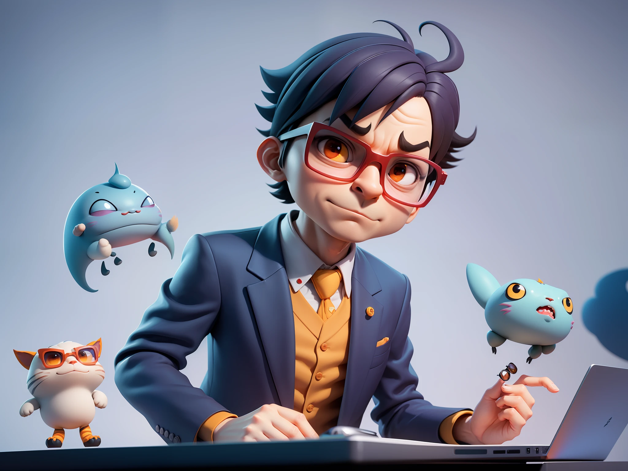A young man in a suit, Short hair and glasses sat at his desk，holding laptop，digitial painting，tigre，3D character design by Mark Clairen and Pixar and Hayao Miyazaki and Akira Toriyama，4K HD illustration，Very detailed facial features and cartoon-style visuals。