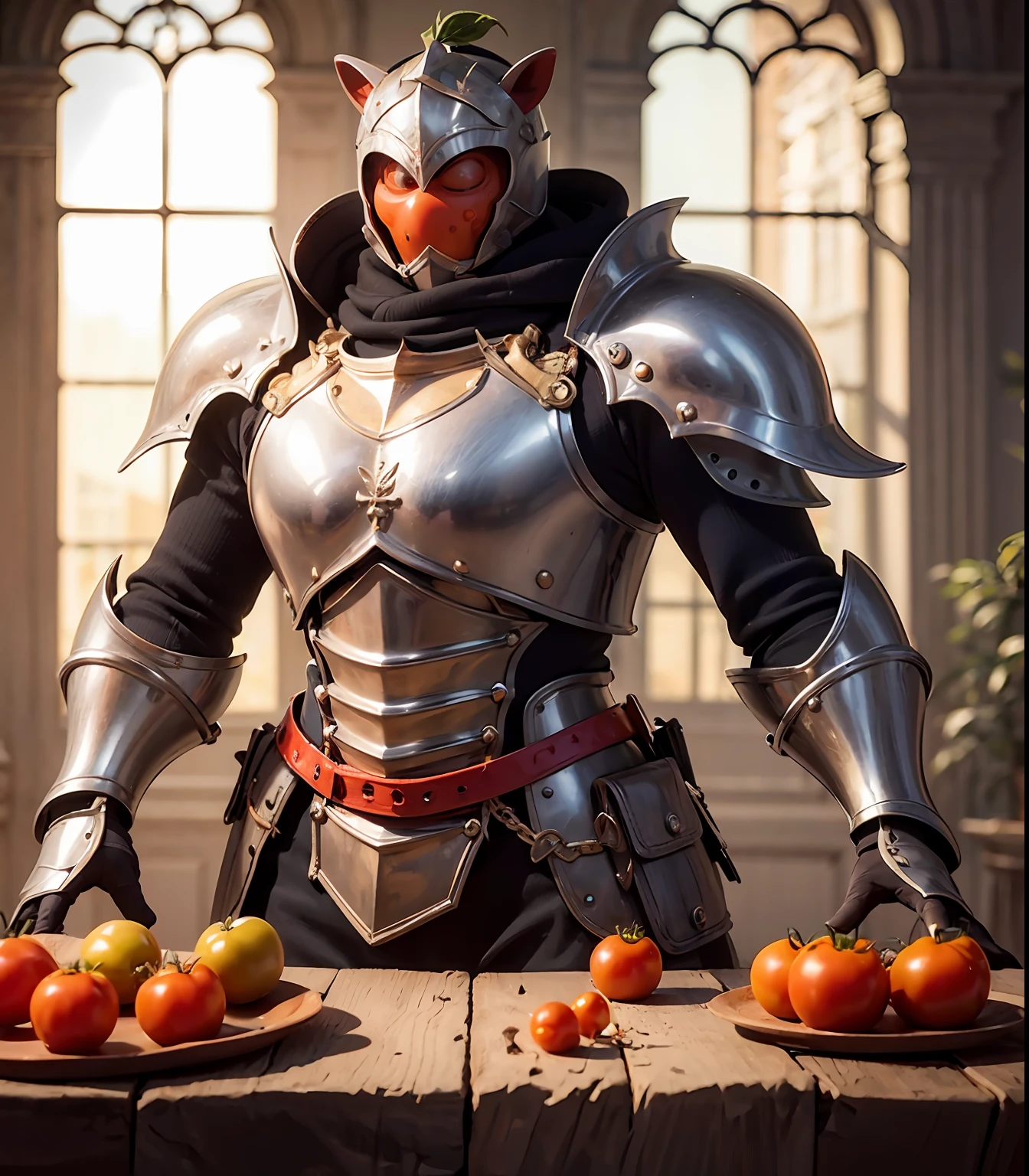 ((masterpiece:1.3,concept art,best quality)),very cute appealing (anthropomorphic tomato:1.2) dressed as a knight, looking at the viewer,fruit ,macro,sunlight,fantasy art,dynamic composition,dramatic lighting,epic realistic,award winning illustration