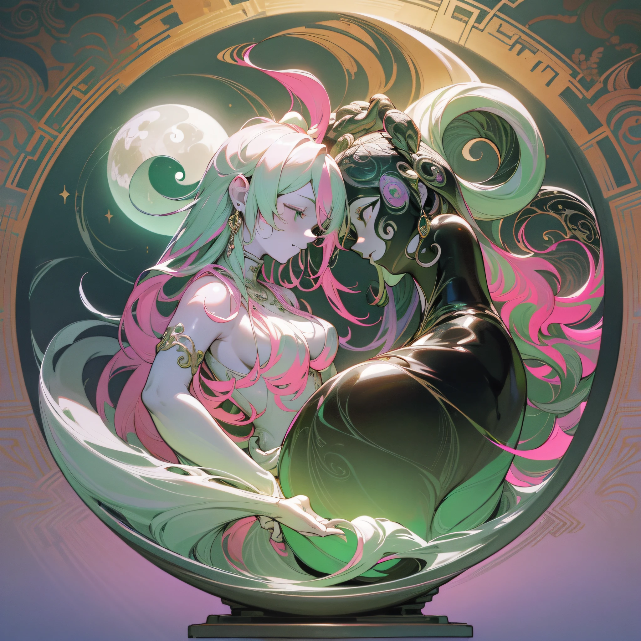 (maximum quality, exquisite design, better lighting, better shading), statue in the form of Yin Yang, under the moon and the sun, detailed and realistic details, intricate, carved in pink and green marble (only the multicolored hair), shining with moonlight and sunlight, a perfect balance between light and dark, mystical and serene.