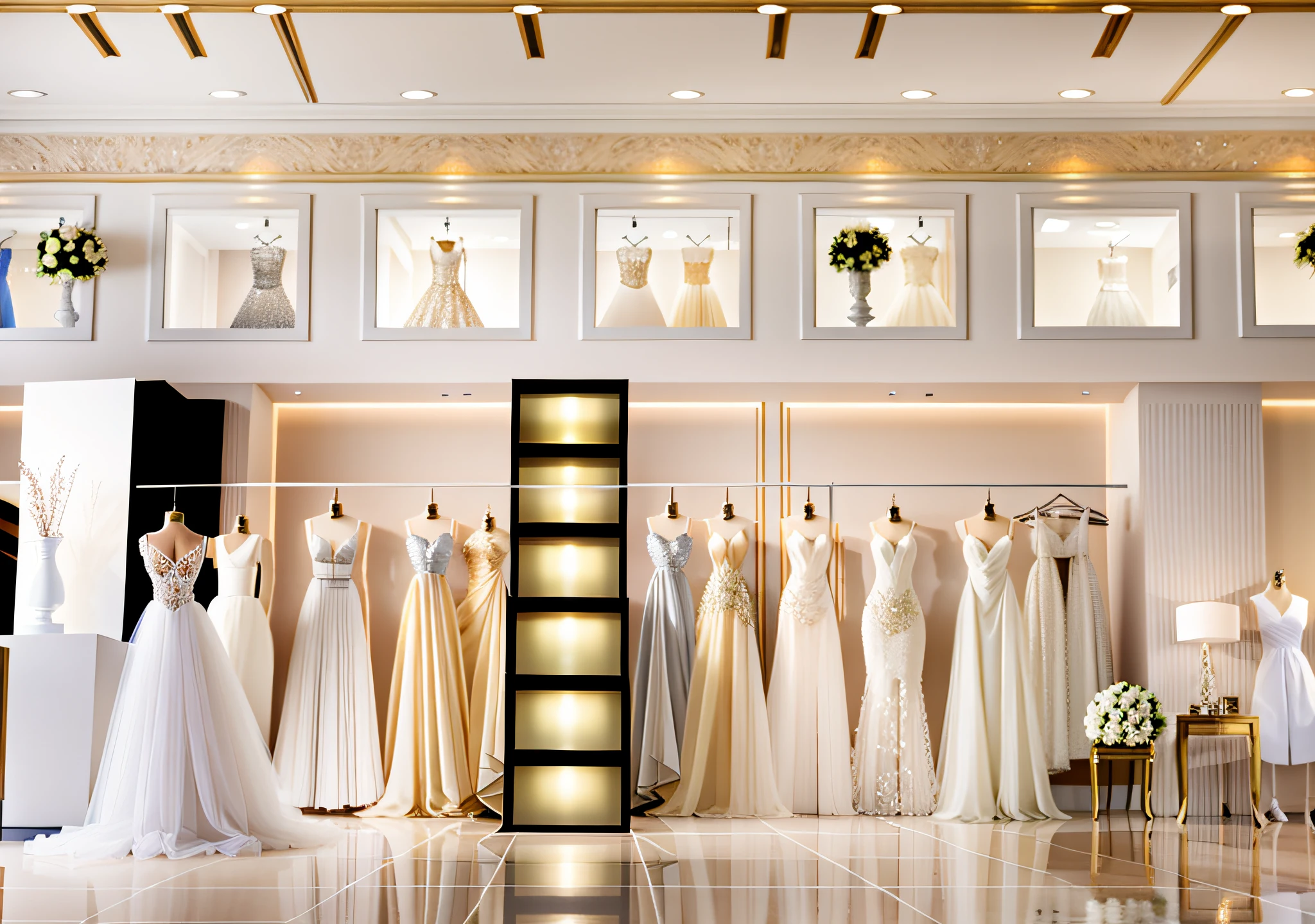 Enhance the render quality of a luxurious wedding dresses store rendering, showcasing exquisite gowns, glamorous decor, and stunning lighting in a single shot, gray ceramic tiles flooring.
