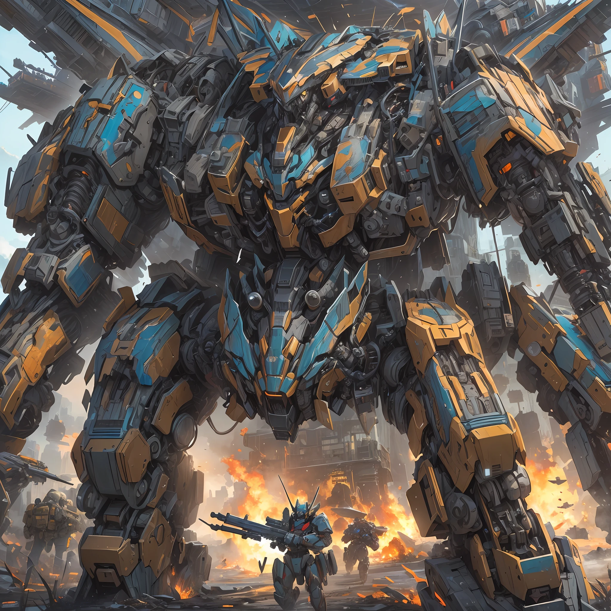 (absurdres, highres, ultra detailed),(Masterpiece, best quality:1.2),1mecha, mechanical marvel, absolutely stunning machinery, extremely detailed, walking through a battlefield,sky filled with bullets, surrounded by broken machines,dark sci-fi, vibrant colours