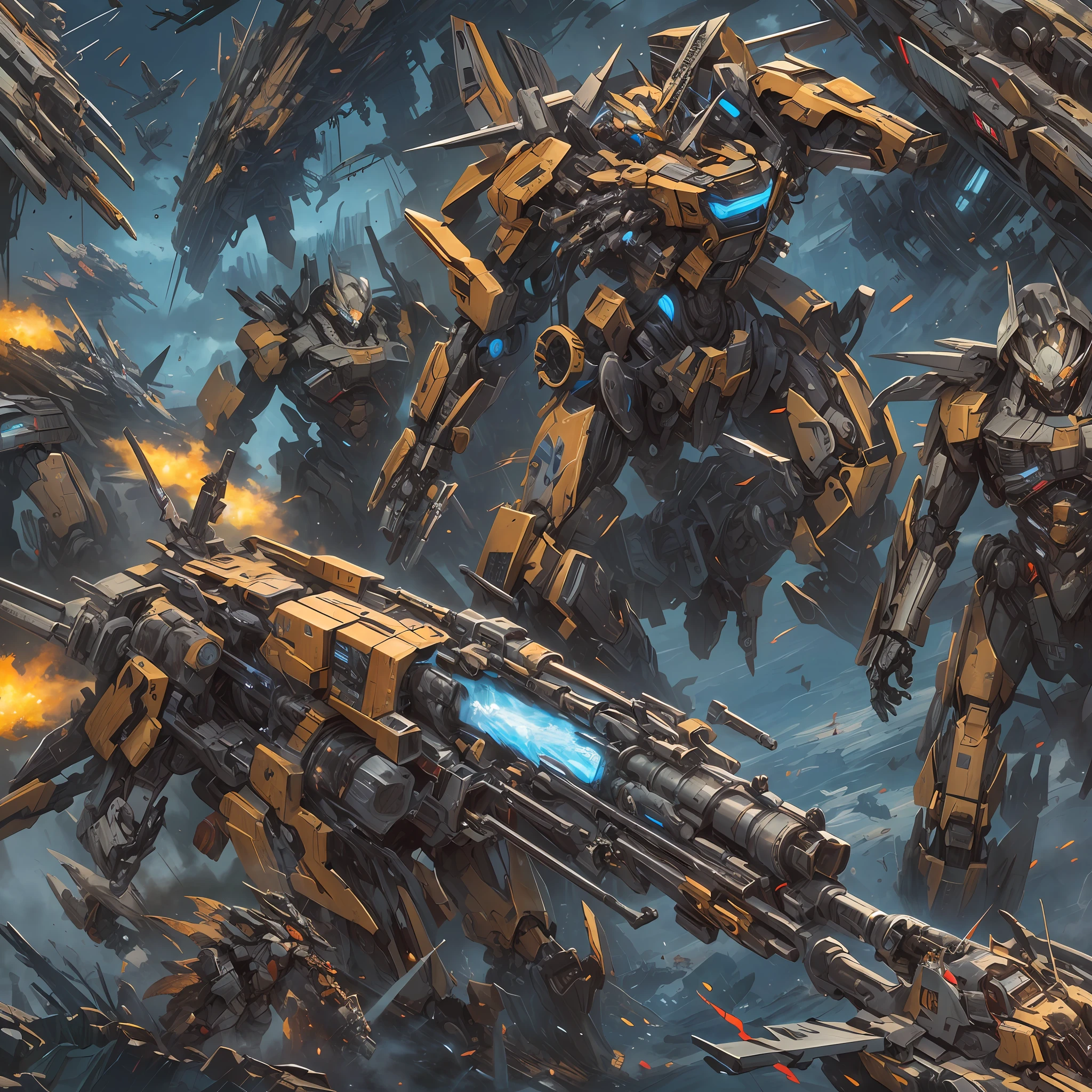 (absurdres, highres, ultra detailed),(Masterpiece, best quality:1.2),1mecha, mechanical marvel, absolutely stunning machinery, extremely detailed, walking through a battlefield,sky filled with bullets, surrounded by broken machines,dark sci-fi, vibrant colours