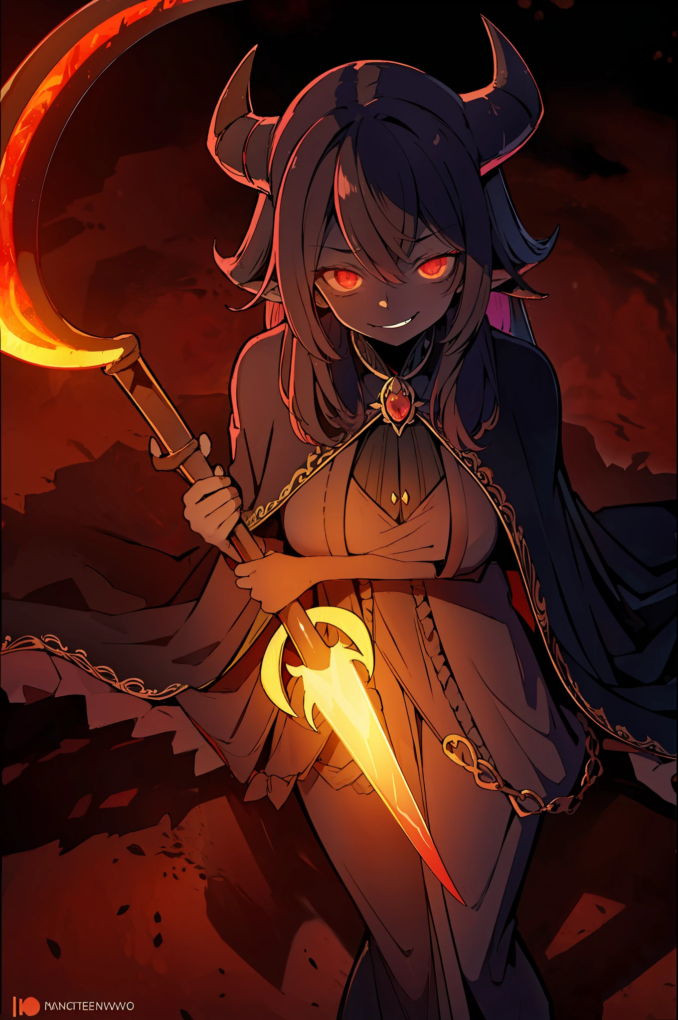 dark skin, black skin, ((holding a staff, or hell sword or scythe )), hellish ((messenger)), a charming girl with (long demonic horns), in the depths of hell,( fire and lava) background, they are in hell. the letter has a heart, she has a (devils tail) and a gothic robe, glowing red eyes, 4k, full of details, intricate, gentle, beautiful, creepy cute, evil smile, evil, malefic smile, crazy expression, angry but smiling