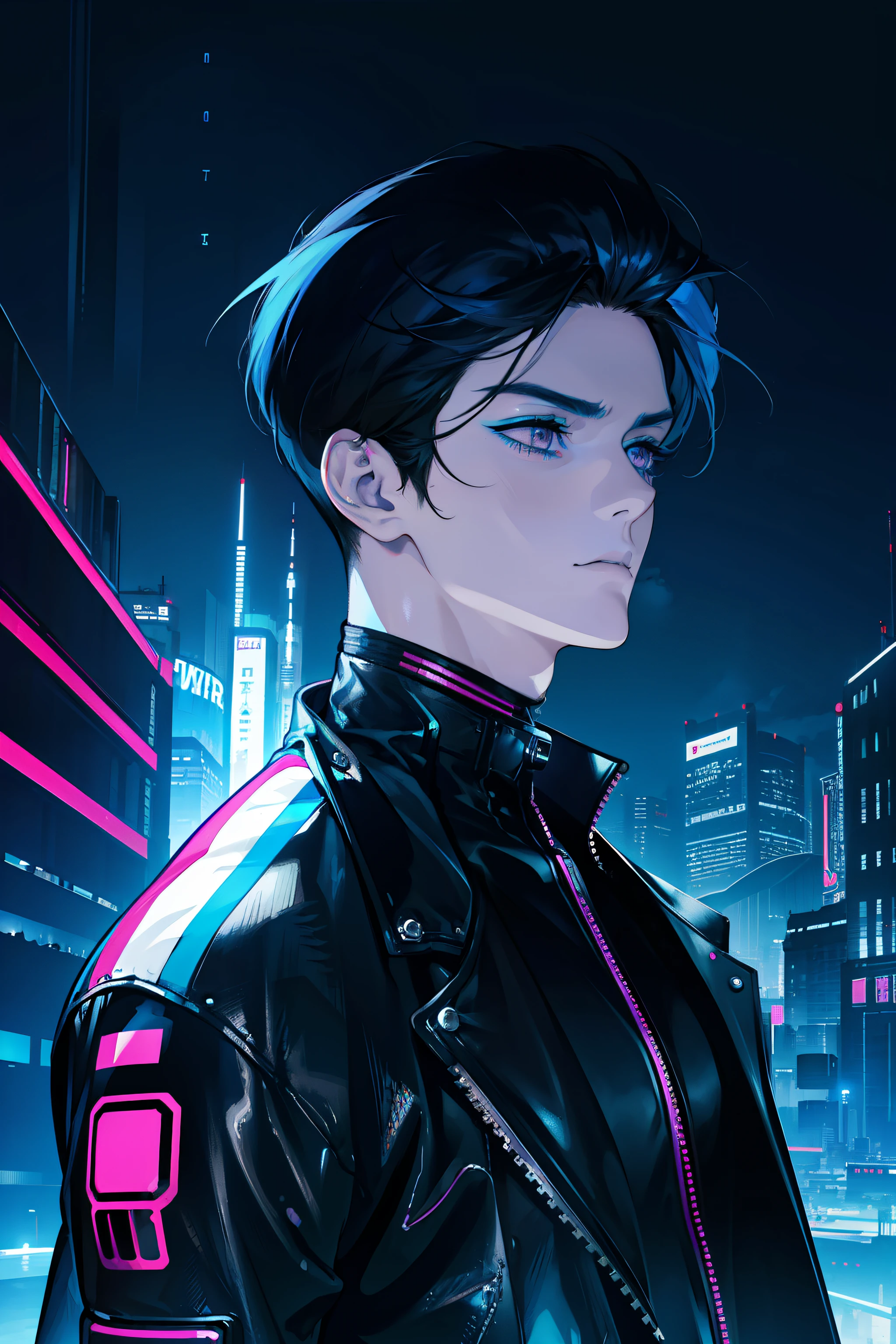 (absurdres, highres, ultra detailed), 1 male, adult, handsome, tall muscular guy, broad shoulders, finely detailed eyes, Cyberpunk, motorcycle, neon hair, holographic, black jacket, intense run, speed, night city, neon sign, skyscraper, from directly above, Cyan, Magenta, (dutch angle), closed mouth