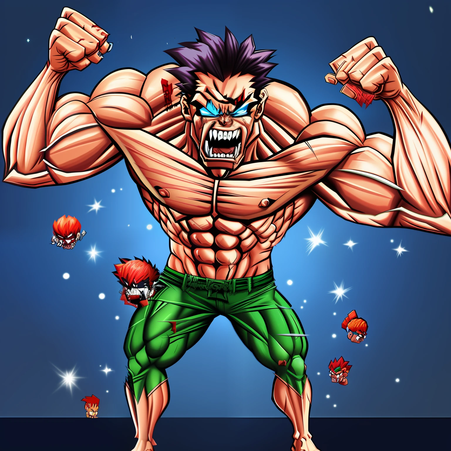 cartoon illustration of a muscular flexing zombie, muscular and terrifying, manly monster tough guy, baki style, son goku as the incredible hulk, muscular characters, scary angry pose