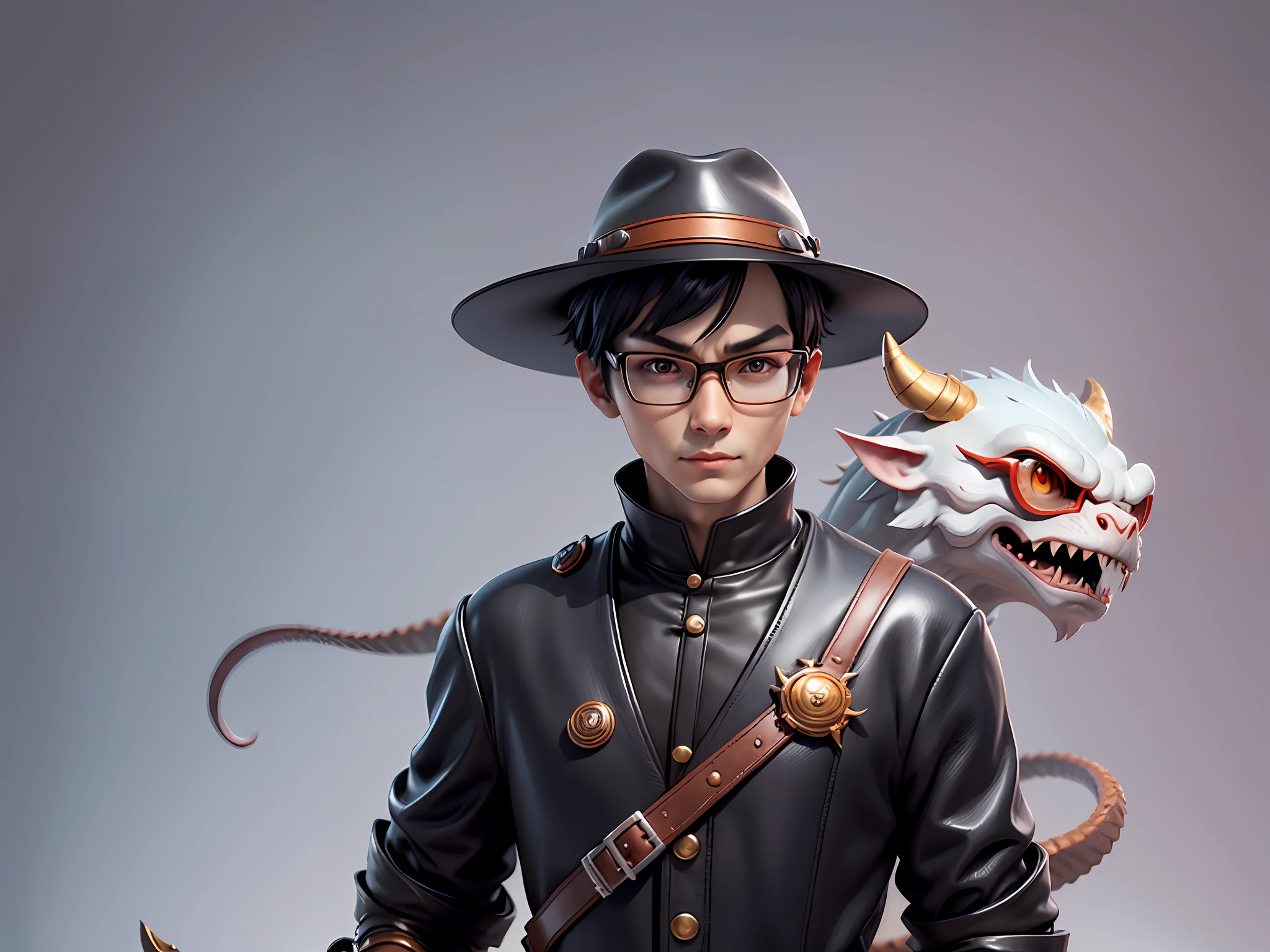 Young man with oriental face in leather hat, dragon, formal suit, short black hair, silver glasses, digital painting, 3D character design by Mark Clairedon and Pixar and Hayao Miyazaki and Akira Toriyama, the illustration is a high-definition illustration in 4K resolution with very detailed facial features and cartoon-style visuals.