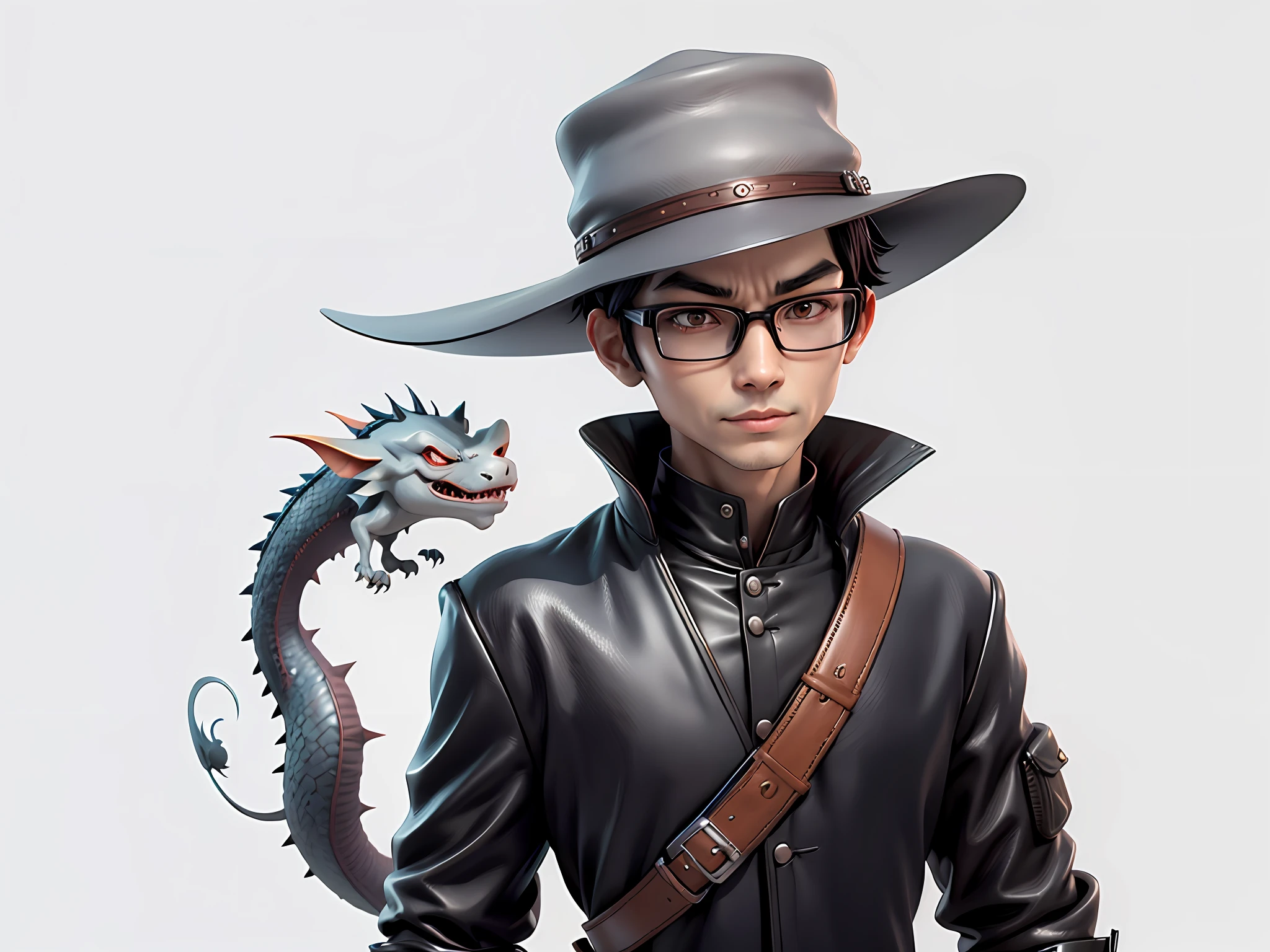 Young man with oriental face in leather hat, dragon, formal suit, short black hair, silver glasses, digital painting, 3D character design by Mark Clairedon and Pixar and Hayao Miyazaki and Akira Toriyama, the illustration is a high-definition illustration in 4K resolution with very detailed facial features and cartoon-style visuals.