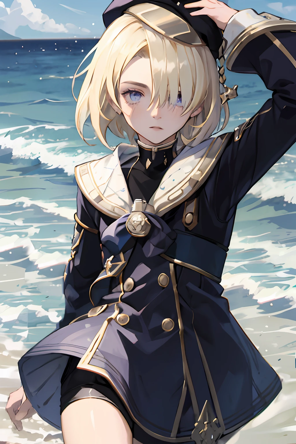 freminet, 1boy, solo, hair over one eye, short hair, blonde hair, purple eyes, blue eyes, sailor collar, black jacket, big white cuffs, black beret, blue details, on the shore of the ocean