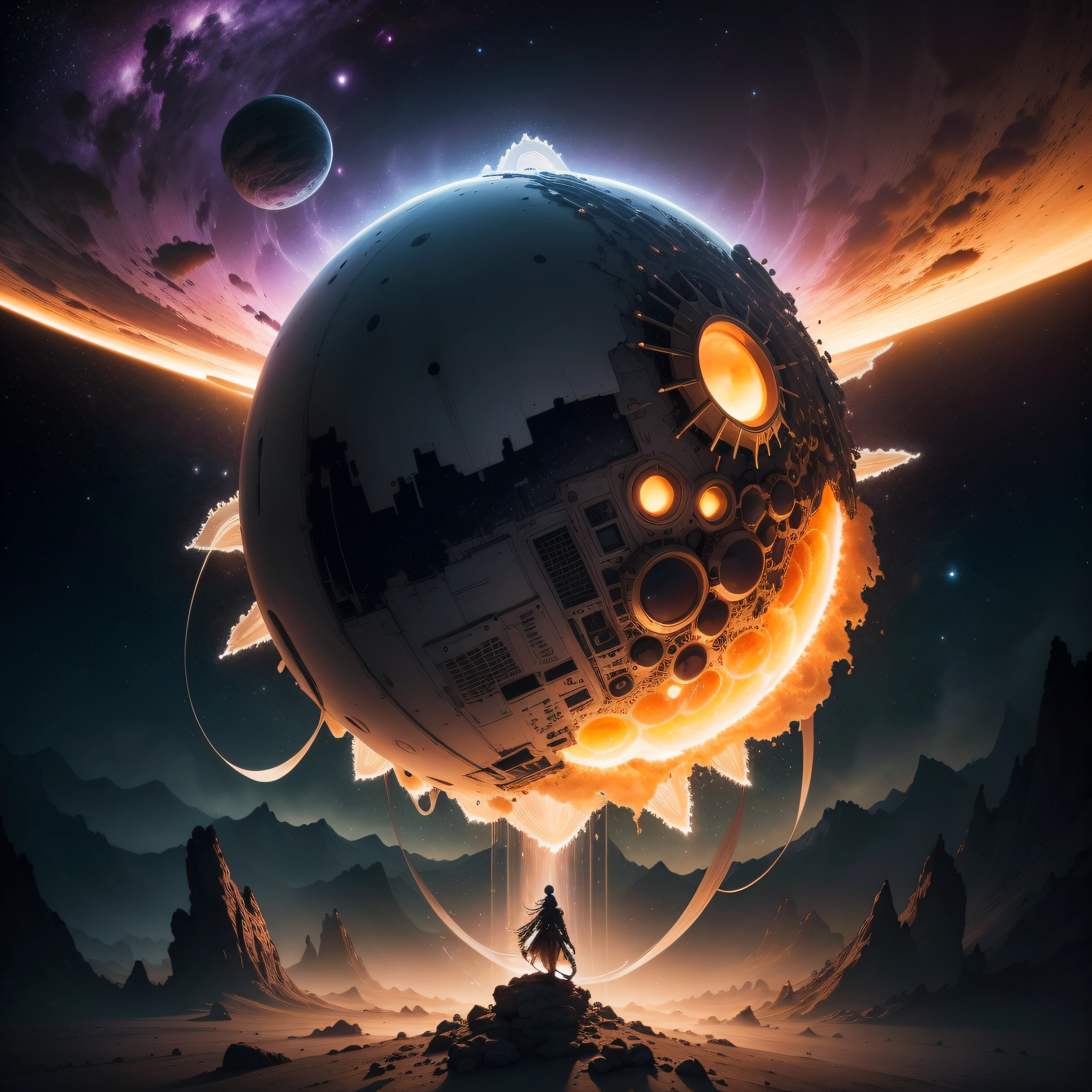 (extremadamente detallado, obra maestra, La mejor calidad), Estilo oscuro, intense illumination, bacteriophage virus floating through space approaching a planet. Aesthetics 2001, una odisea en el espacio.