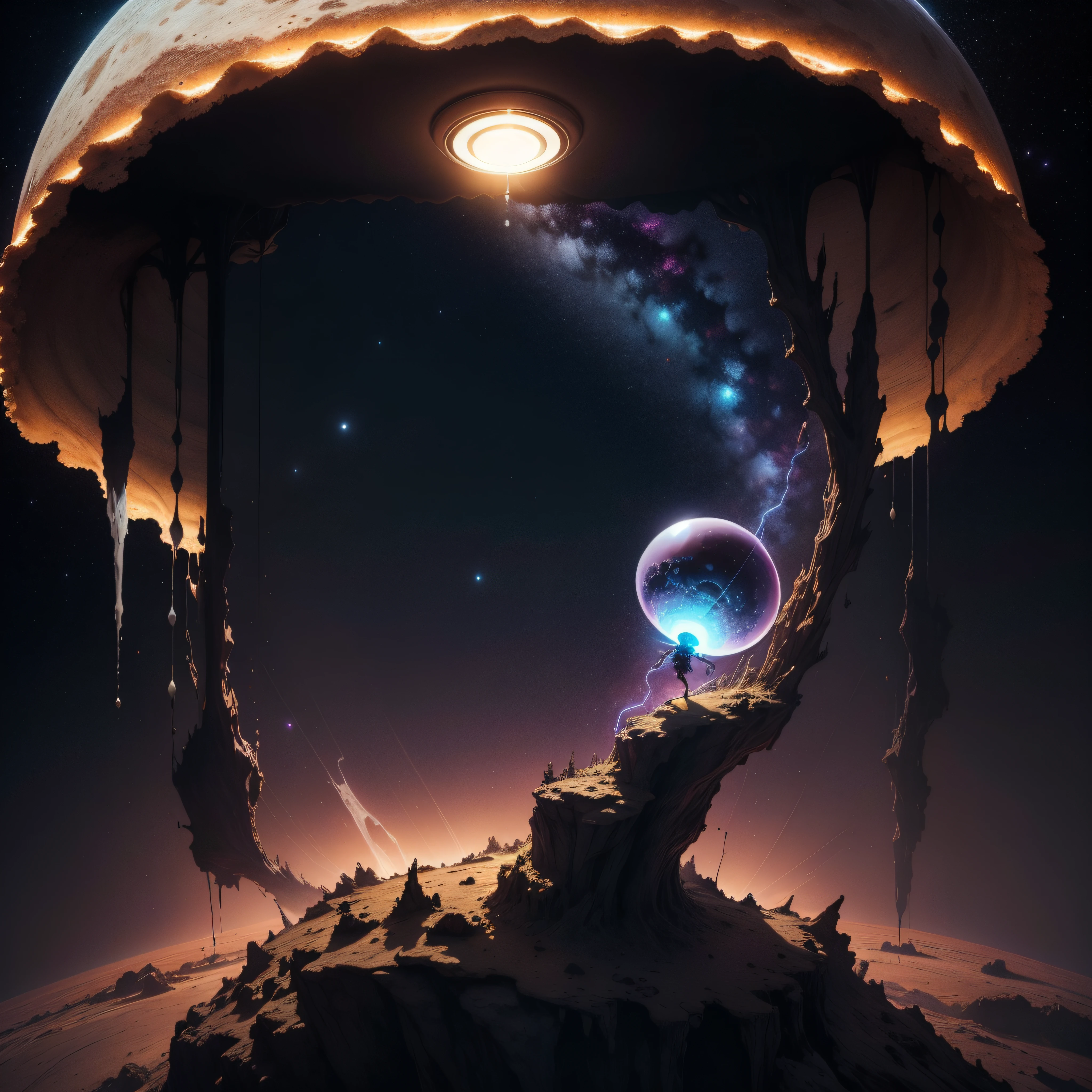 (extremadamente detallado, obra maestra, La mejor calidad), Estilo oscuro, intense illumination, bacteriophage virus floating through space approaching a planet. Aesthetics 2001, una odisea en el espacio.