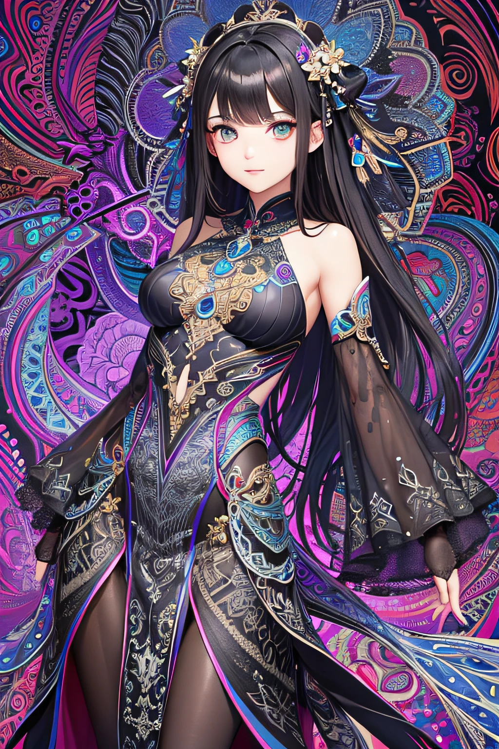 (((tmasterpiece,top Quority,Black color hair,Water:2.0))),best qualtiy,offcial art,Beauty and aesthetics:1.2),(1girll:1.3),The is very detailed,(s fractal art:1.2),Extremely colorful,Most detailed,(zentangle:1.2),(dynamicposes) , (abstract backgrounds:1.5), (traditionalcostumes:1.2), (shiny skins), (many color:1.4), The upper part of the body