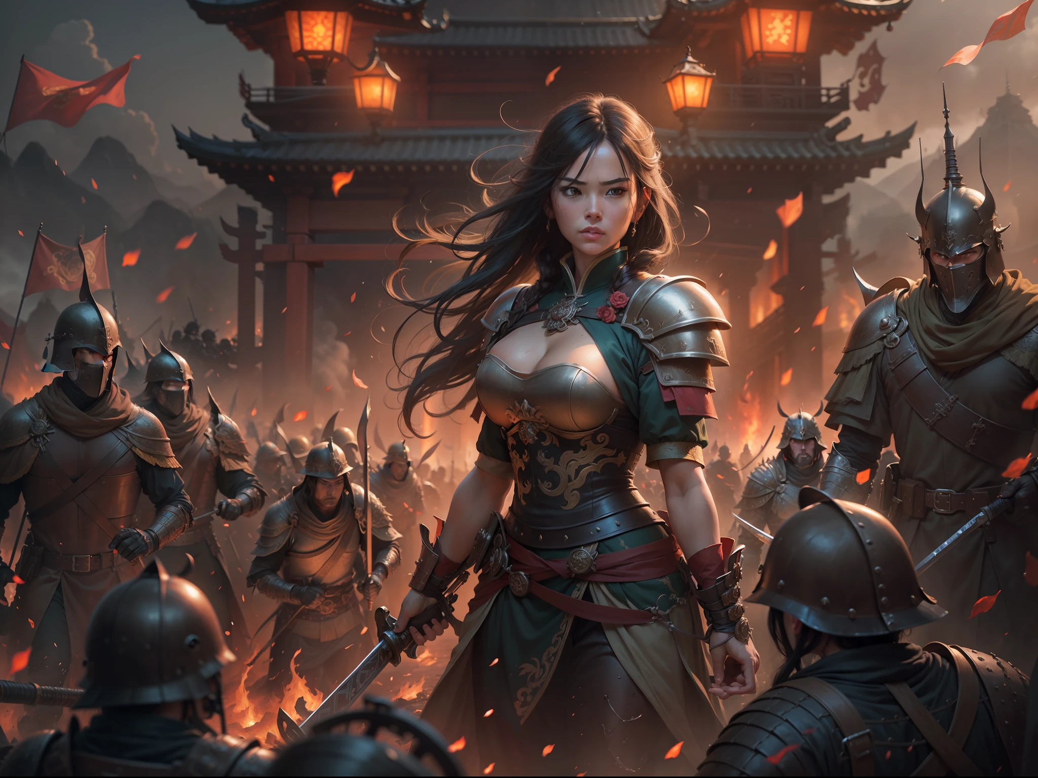 Best quality,masterpiece,ultra high res,(photorealistic:1.4),xiuxian,weapon,Detailed face, 1girl,solo, katana weapon, cleavage,(magic circle:1.2),xiuxian,Beautiful girl, full body, oni mask, east asian architecture,sheath,architecture, samurai, japan, small boobs, fantasy, high quality, ultra detailed in 4k, 8k, high resolution, fantasy coverart style, fantasy japan medival, sharp focus, depth of field, army into battle, heroic, bright, moody, intense, fantasy knight, realistic shadows, high quality, ultra detailed in 4k, 8k, high resolution, sharp focus, depth of field, faded, (neutral colors:1.2), (hdr:1.4), (muted colors:1.2), hyperdetailed, (artstation:1.4), cinematic, warm lights, dramatic light, (intricate details:1.1), complex background, (rutkowski:0.66), (teal and orange:0.4)", steampunk battle city background, monster in a battlefield of blood and fire. As he fought, the bodies of his enemies piled up around her, but he remained untouched, his figure growing larger and more majestic with each passing moment. Finally, after defeating the entire army alone, the general stood victorious, his sword still raised high. His bravery and triumph filled the battlefield with a sense of solemn grandeur. hdr, (photorealism, masterpiece quality, best quality). masterpiece, best quality, Joan of Arc leading her army into battle, heroic, bright, moody, intense