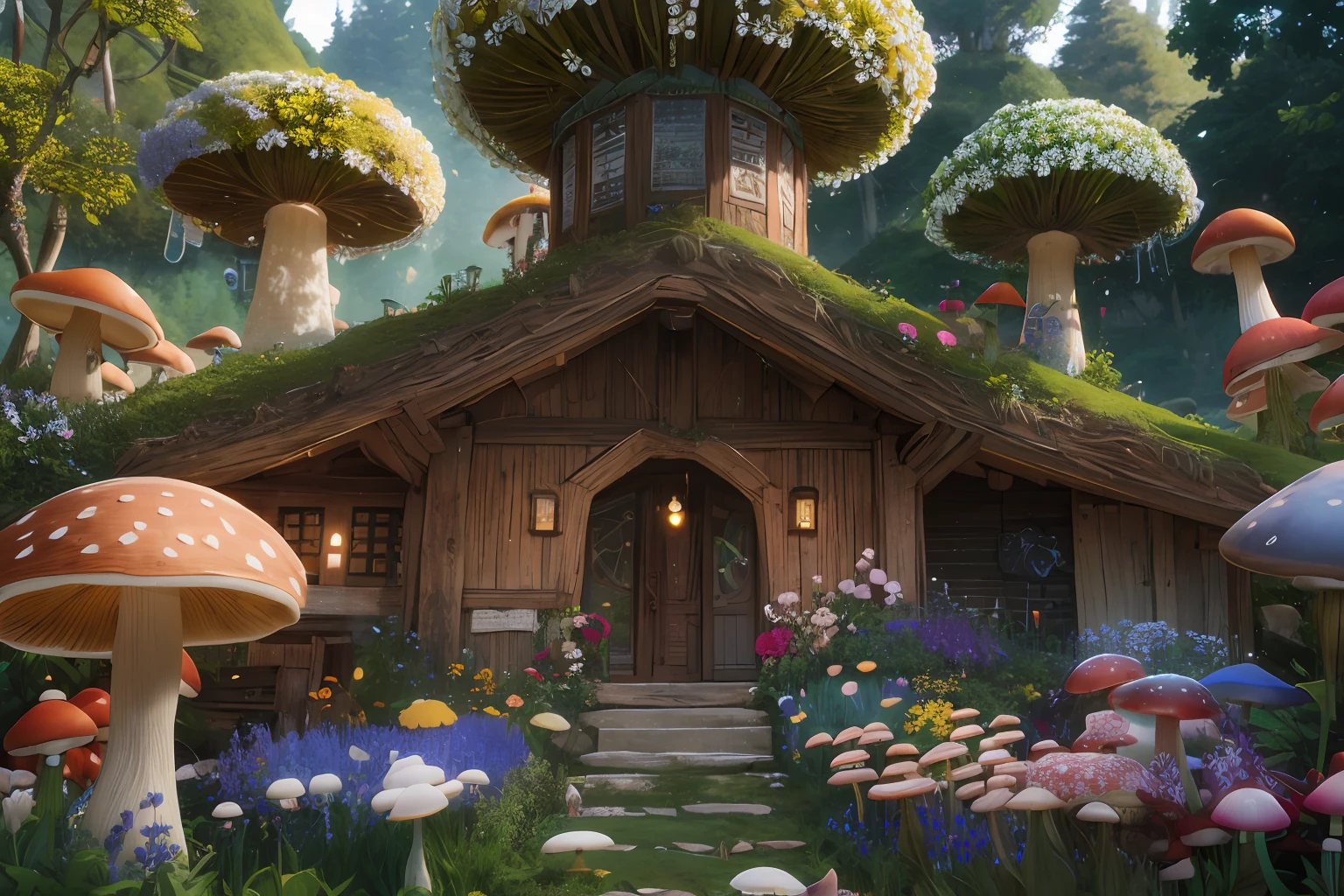 "A picturesque and captivating small village hidden amidst a verdant forest, teeming with charming and animated creatures, enveloped by vibrant mushrooms and flowers. 3D rendered with meticulous detail, this masterpiece showcases the enchanting beauty of the scene under the astounding effects of Octane Renderer and RTX technology."