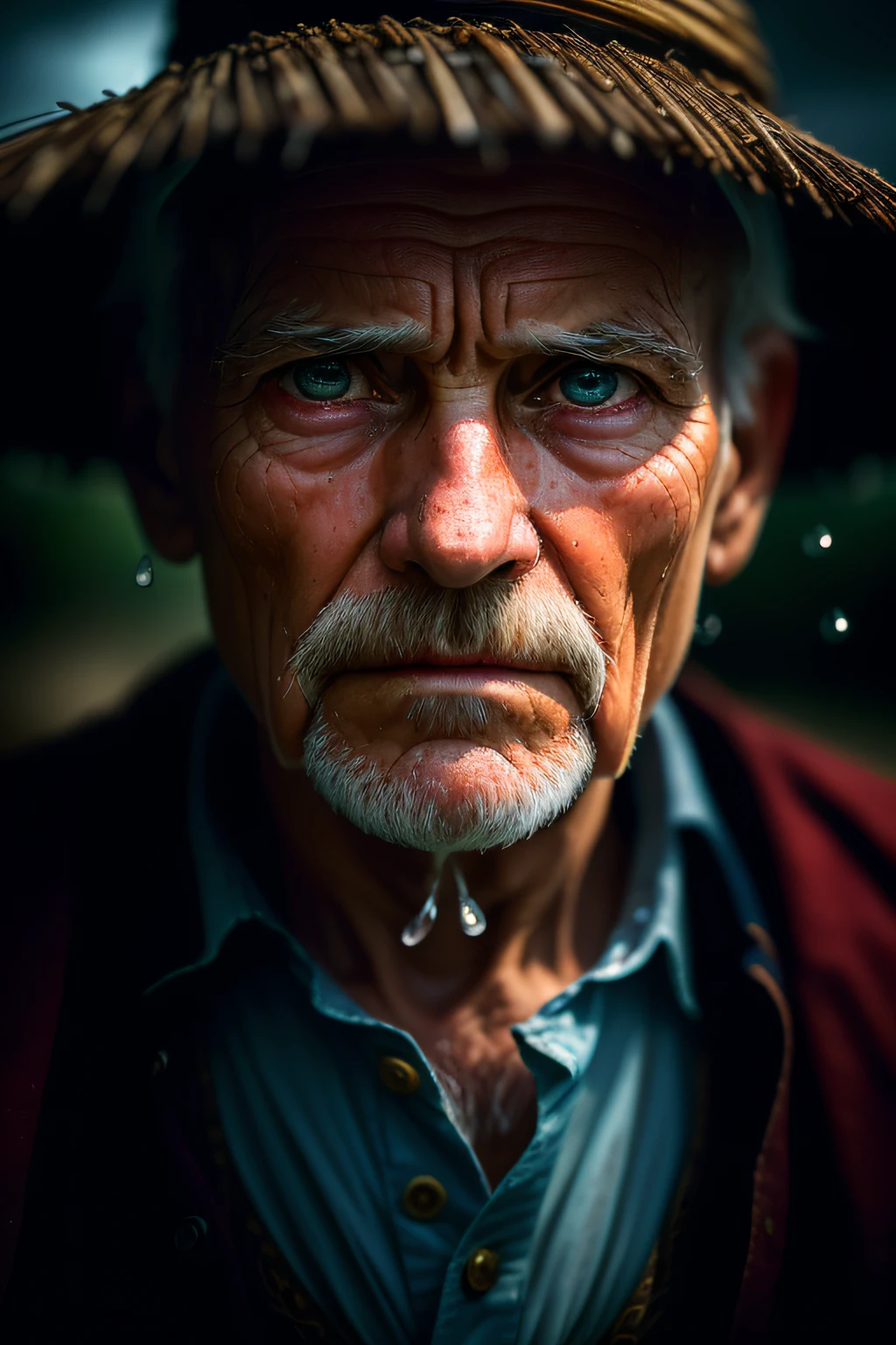 (sharp focus:1.2), an award winning photo of an old man peasant, water droplets, thunderstorm outside, lightning back lighting, , lines on face, wrinkles, extremely detailed skin, sadness, hopelessness ,cloudy eyes, (deep shadows:1.1), high contrast, beautiful eyes, absurdres, 8k, (high quality:1.3), , artstation hd, concept art, detailed face and body, award-winning photography, (moody lighting:1.2), depth of field, bokeh, 4K, HDR