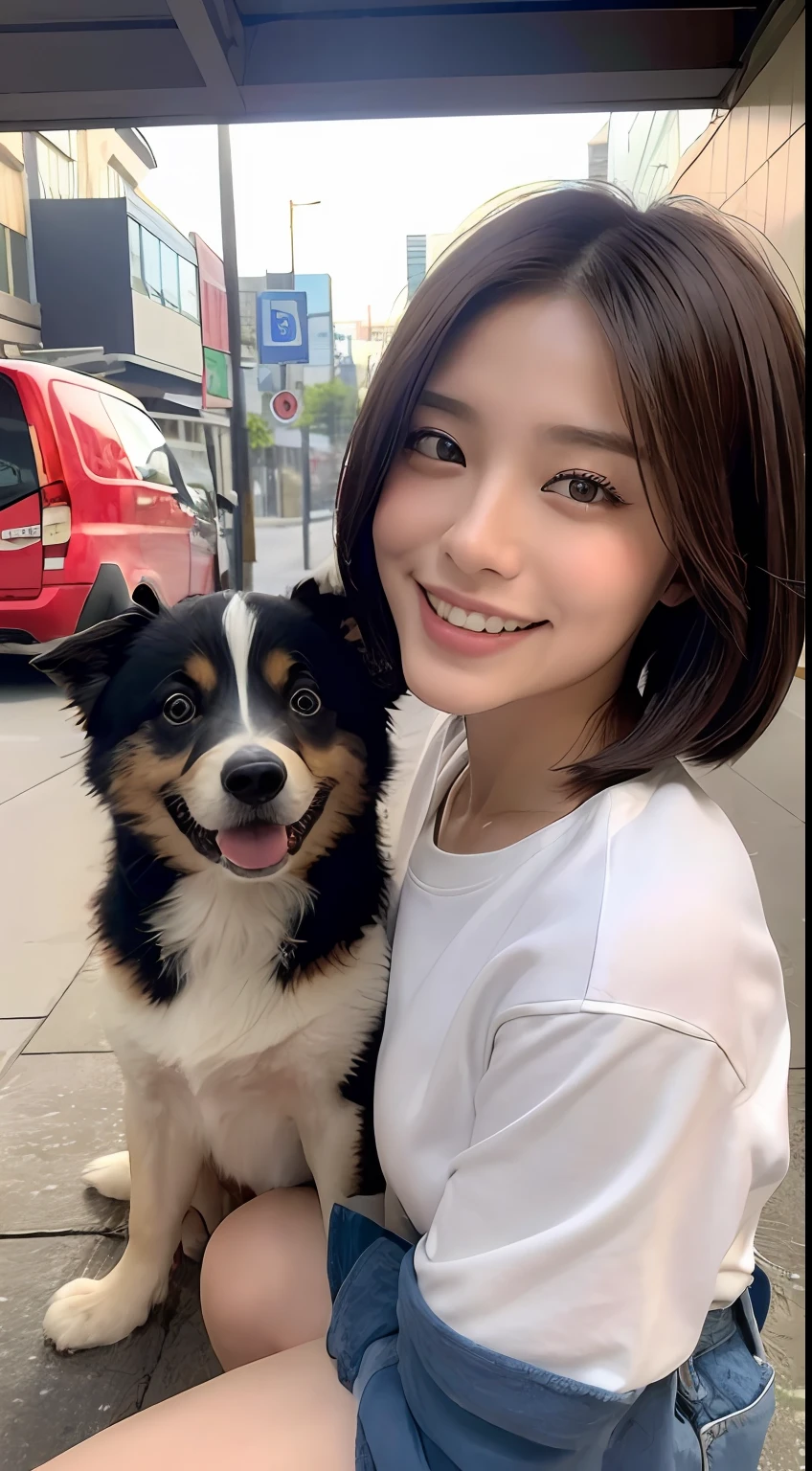 ((top-quality、8K、masterpiece:1.3))、1girl in、A smile、full body Esbian、Slim Faces、Pretty women、Short Bob、(dark brown hair)、Thin shirt、Short pants:1.1、hyperdetailed face、A detailed eye、二重まぶた、blured background、Slim Faces、城市、takeout、a street、Stay with the dog:1.3、pet、Staring at the dog