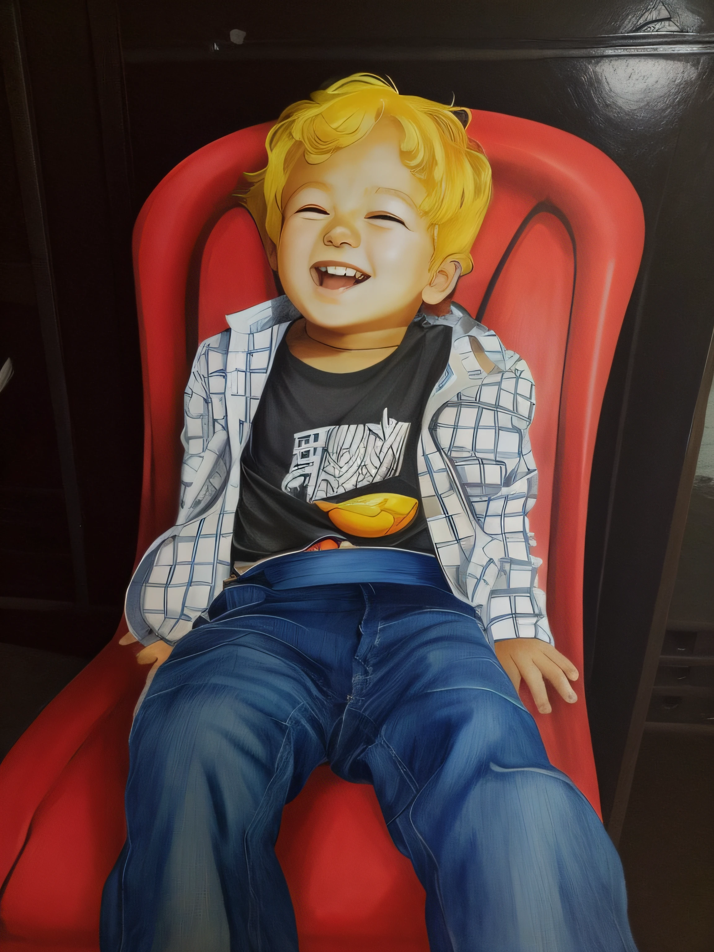  sitting in a white chair with a red and black shirt, garoto feliz, sentado em uma cadeira, sentado na cadeira, Sentado na cadeira, sentado em uma cadeira, sitting on a rocking chair, Rindo, brincando de camisa rindo, Assento em uma cadeira, he is very happy, em uma cadeira de pedra, sentado em sua cadeira alta, desenho estilo anime, Japanese drawing style, dragon ball, super sorriso