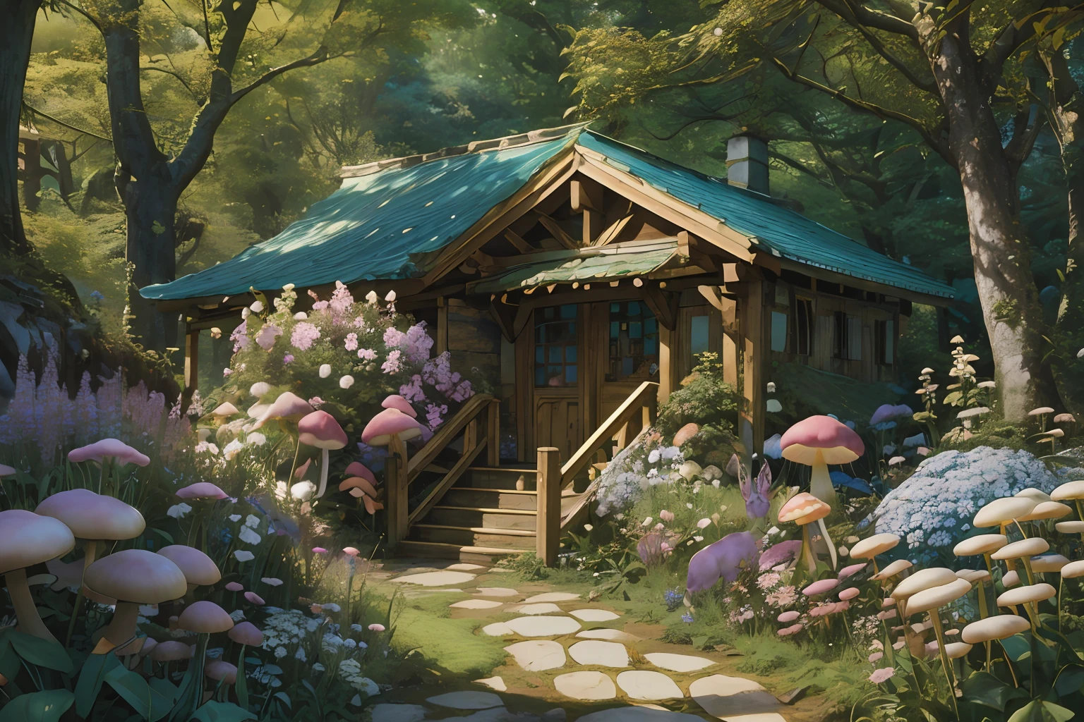 "A picturesque and captivating small village hidden amidst a verdant forest, teeming with charming and animated creatures, enveloped by vibrant mushrooms and flowers. 3D rendered with meticulous detail, this masterpiece showcases the enchanting beauty of the scene under the astounding effects of Octane Renderer and RTX technology."