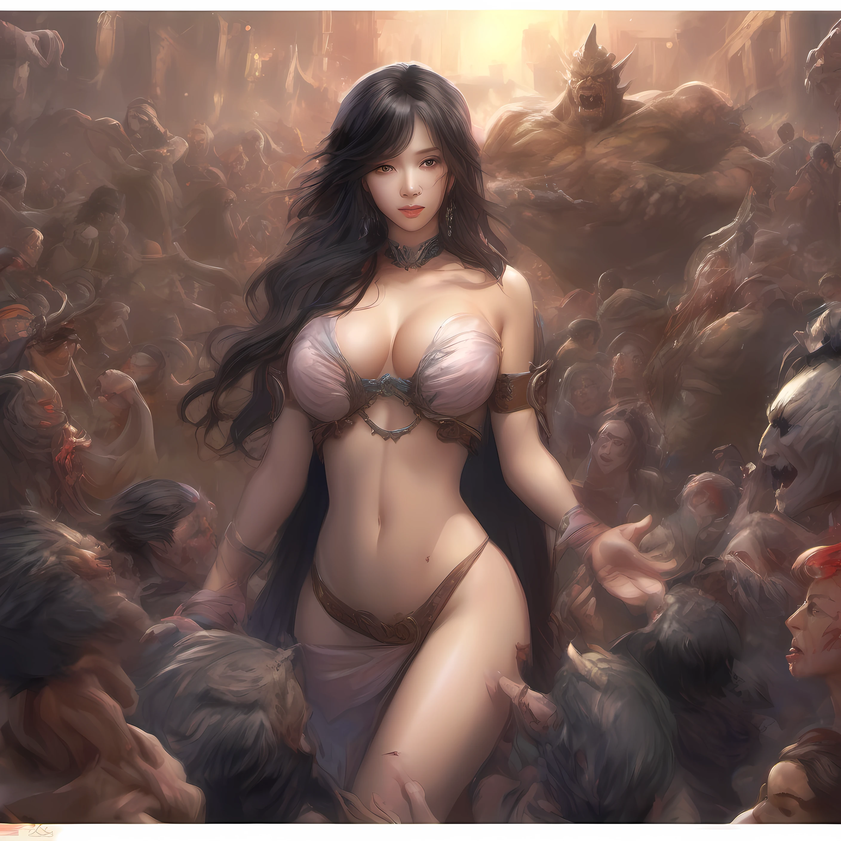 ((Best Quality, 8k, Masterpiece: 1.3)),(Beautiful Detailed Eyes), (Best Quality),korean girl, perfect breast, naked, (crying), multiple orc monster grab her breast, hug from behind, she grab  of monster, surrounded by monsters, crowd surf, very realistic face, very realistic eyes, very large crowd of monster around her, breasts squeezed, molesting, masterpiece, varied poses.((Natural breasts :1.4)),((very soft breasts))