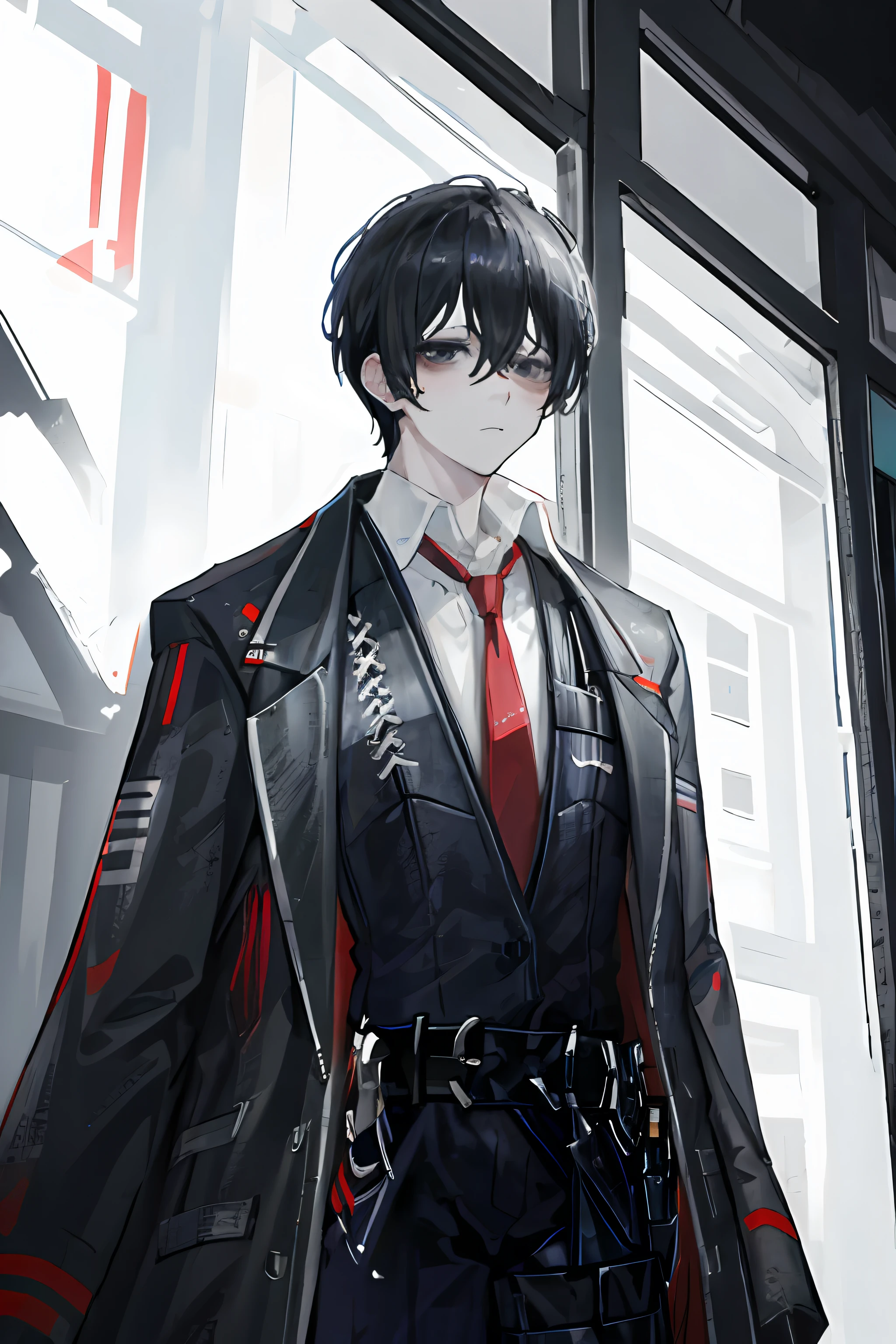 (masterpiece, best quality), yisang_limbus, default_outfit, 1boy, solo, red necktie, black jacket, black vest, jacket on shoulders, white shirt, collared shirt, black pants, looking at viewer, city, night, from below