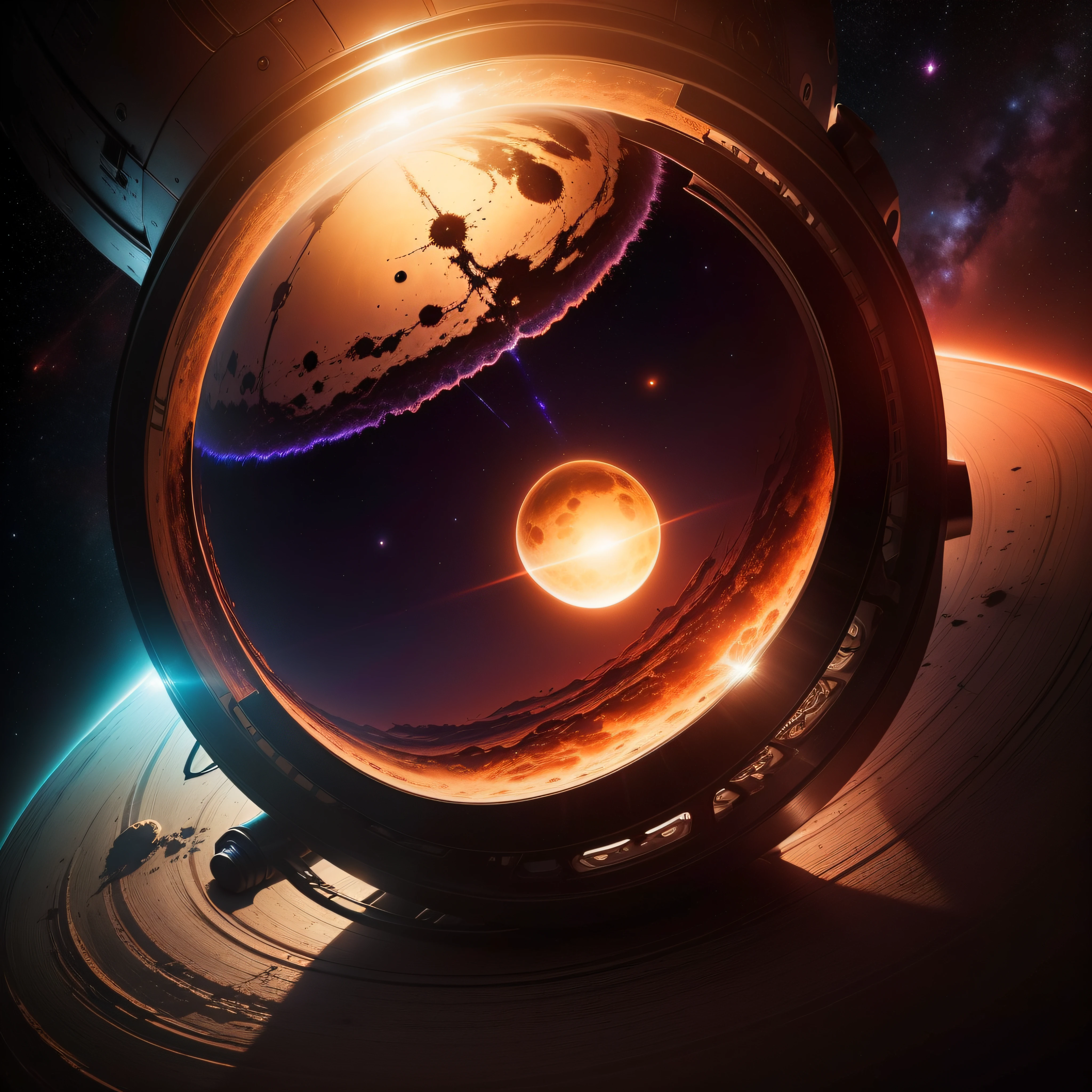 (extremadamente detallado, obra maestra, La mejor calidad), Estilo oscuro, intense illumination, Virus floating through space approaching a planet. imagen vista por un telescopio.