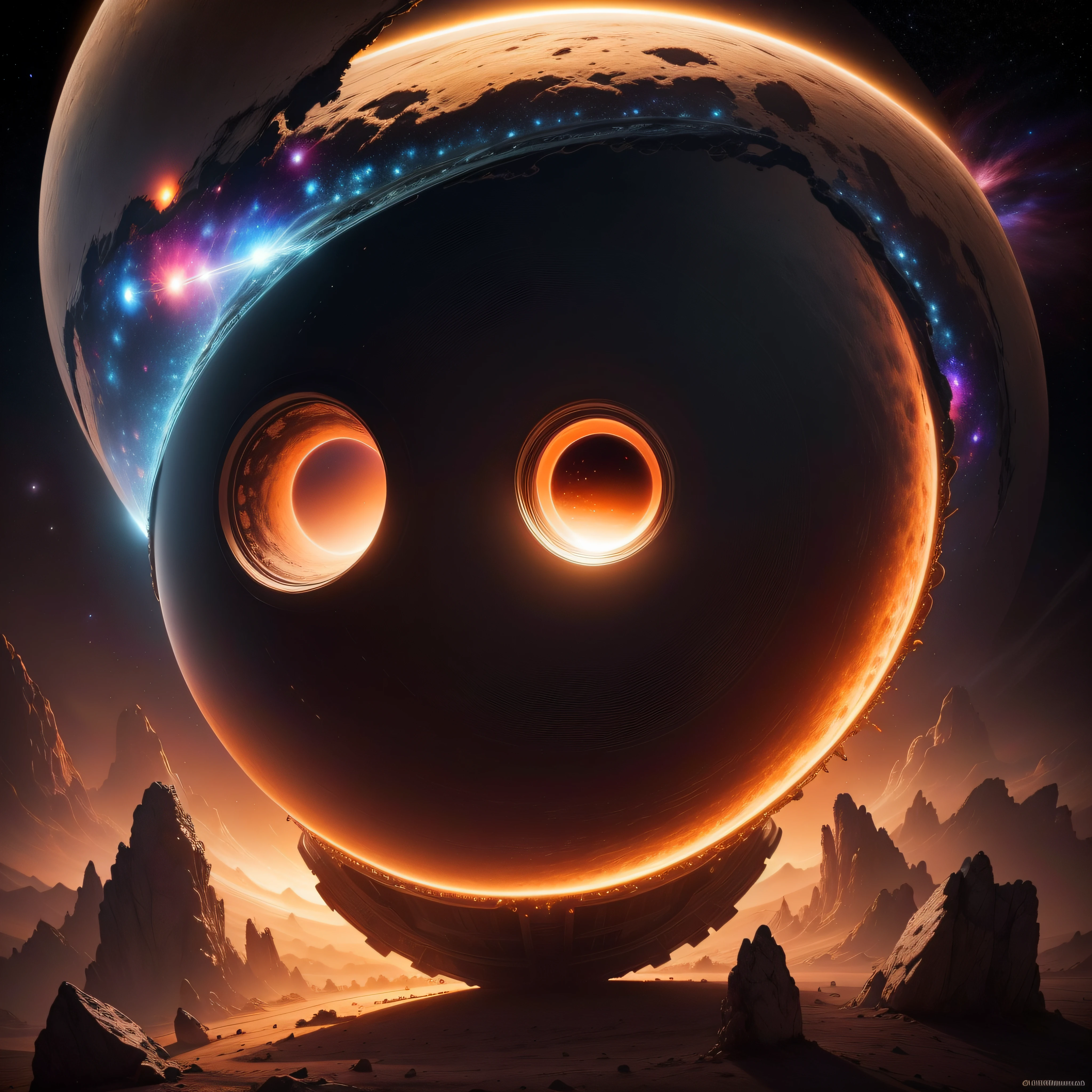 (extremadamente detallado, obra maestra, La mejor calidad), Estilo oscuro, intense illumination, Virus floating through space approaching a planet. imagen vista por un telescopio.