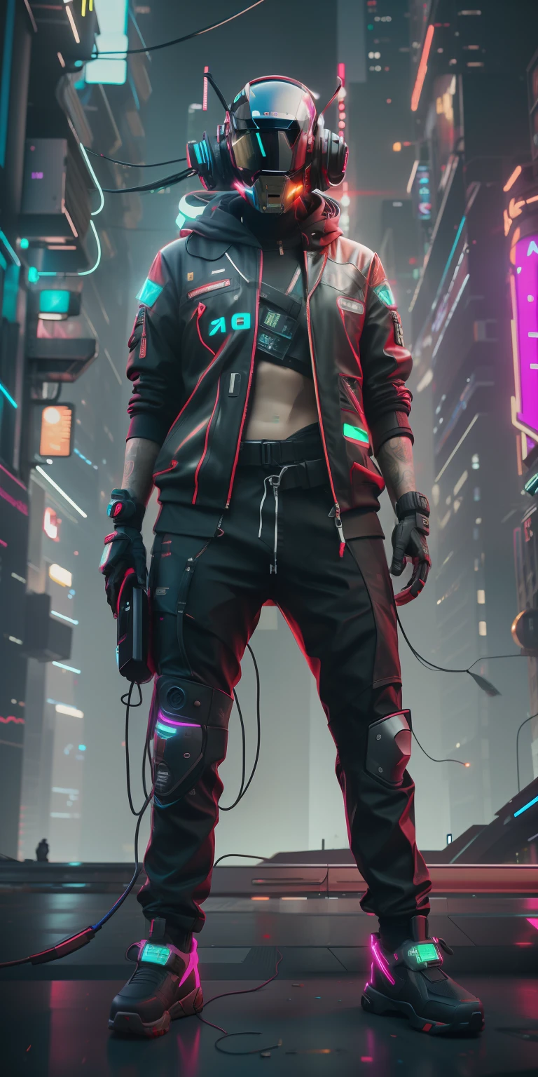 (masterpiece, full-body shot, intrincate raw photography)cyberpunk citizen in oversize techwear, using a black astro daftpunk style helmet, neon light details, intrincate, futuristic, sharpness, ramdom pose, cyberpunk city, street neon lights, insta pic, photo of the year, octane render, substance, maya 3d, cinema4d, artstation trending, devian art trend,