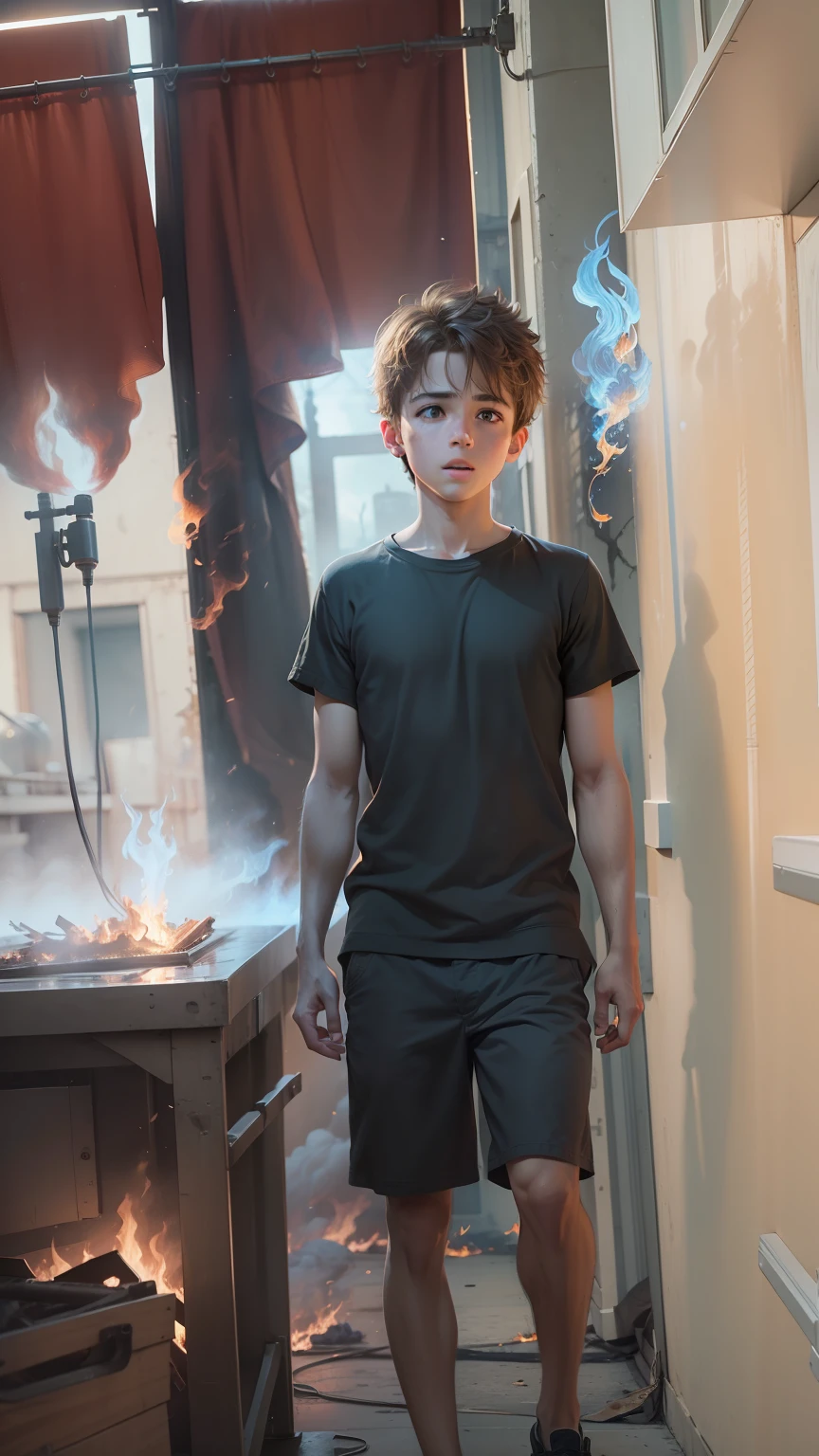 cinematic shot of realistic cute boy surounded by fire, seamless, epic, cinematic, intricate detail, award winning, great lighting, shading, high quality, detailed