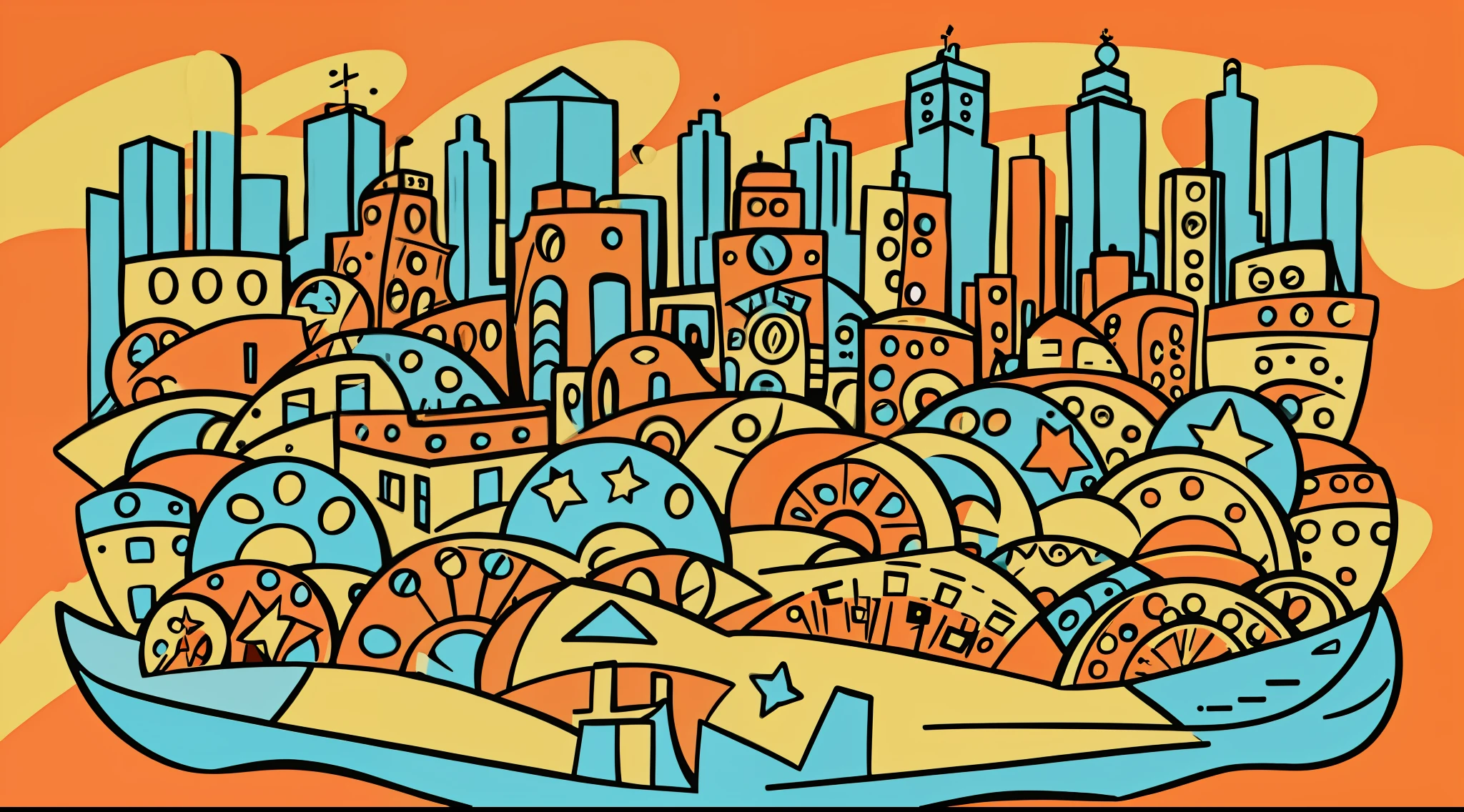 graffiti style, Pop. city, Flat illustration, vector. Bright, Pop colors, colourfull, Picasso style, cubismo, Minimalist Gustav Klimtblend