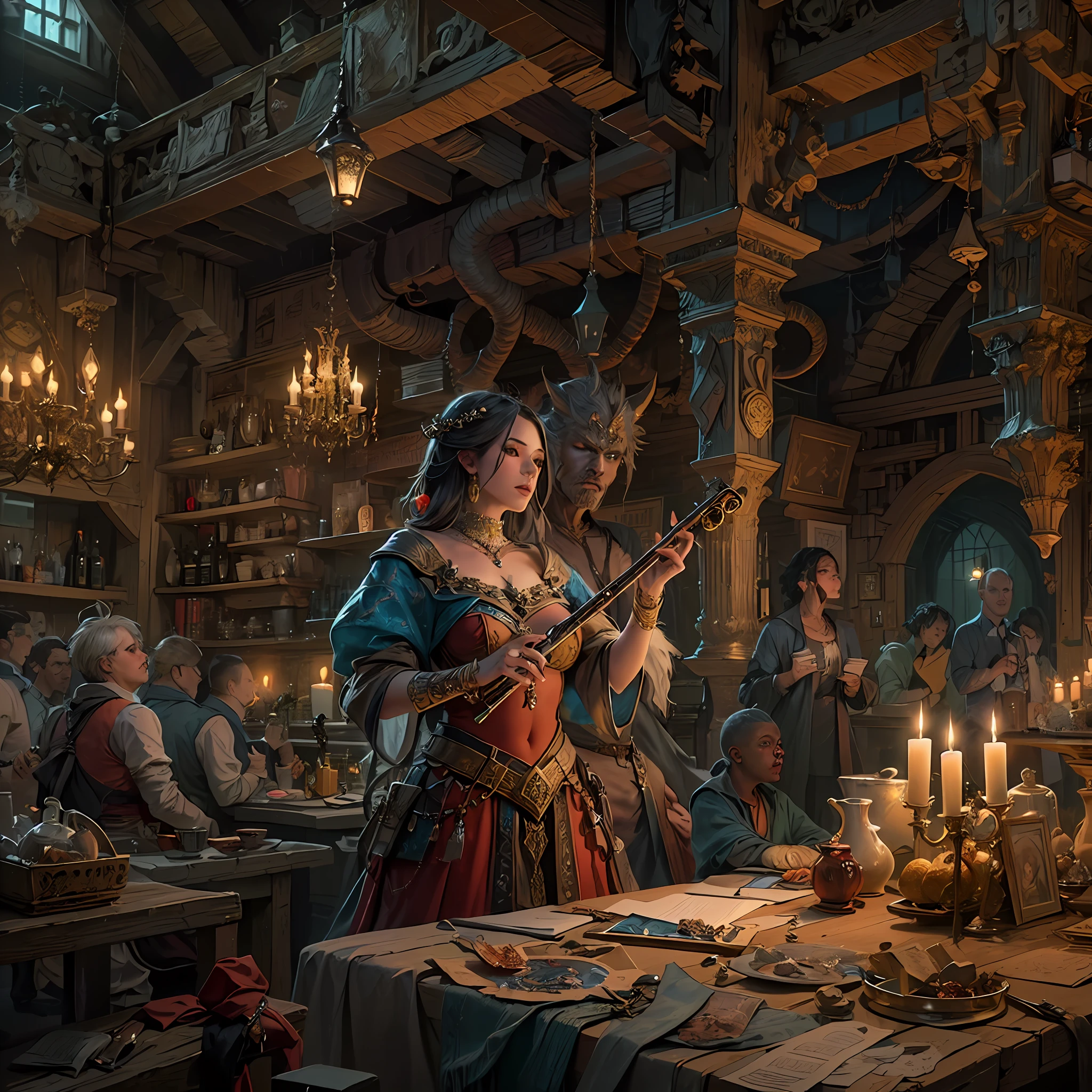 high details, best quality, 8k, [ultra detailed], masterpiece, best quality, (extremely detailed), dynamic angle, ultra wide shot, photorealistic, RAW, fantasy art, dnd art, fantasy art, realistic art, octane rendering, an ultra wide, full body, a picture  of a human female  (1.5 intricate details, Masterpiece, best quality) fantasy bard, fantasy enchanter,  playing a flute and enchanting people in a tavern with magical song, colorful clothes, dynamic clothing, epic beautiful female human [[anatomically correct]] bard (1.5 intricate details, Masterpiece, best quality), dynamic hair, tavern full of crowd, many people (1.5 intricate details, Masterpiece, best quality), bard playing flute and enchanting audience (1.5 intricate details, Masterpiece, best quality), candles light, fantasy chandelier, magical notes, magical runes in the air (1.5 intricate details, Masterpiece, best quality),