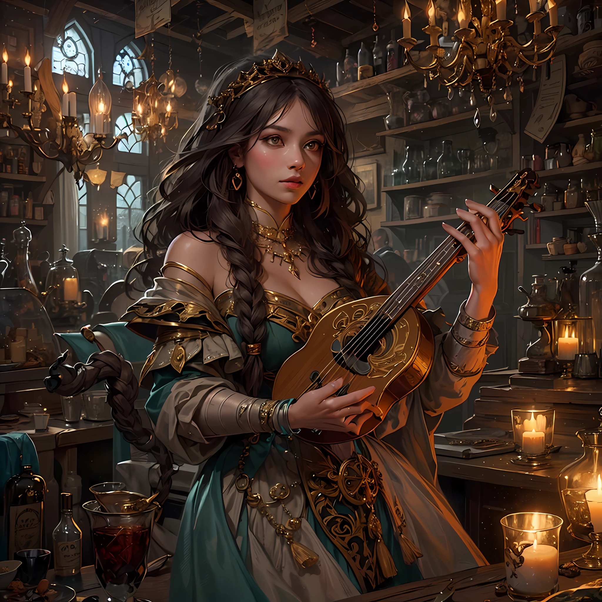high details, best quality, 8k, [ultra detailed], masterpiece, best quality, (extremely detailed), dynamic angle, ultra wide shot, photorealistic, RAW, fantasy art, dnd art, fantasy art, realistic art, octane rendering, an ultra wide, full body, a picture  of a human female  (1.5 intricate details, Masterpiece, best quality) fantasy bard, fantasy enchanter,  playing a flute and enchanting people in a tavern with magical song, colorful clothes, dynamic clothing, epic beautiful female human [[anatomically correct]] bard (1.5 intricate details, Masterpiece, best quality), dynamic hair, tavern full of crowd, many people (1.5 intricate details, Masterpiece, best quality), bard playing flute and enchanting audience (1.5 intricate details, Masterpiece, best quality), candles light, fantasy chandelier, magical notes, magical runes in the air (1.5 intricate details, Masterpiece, best quality),