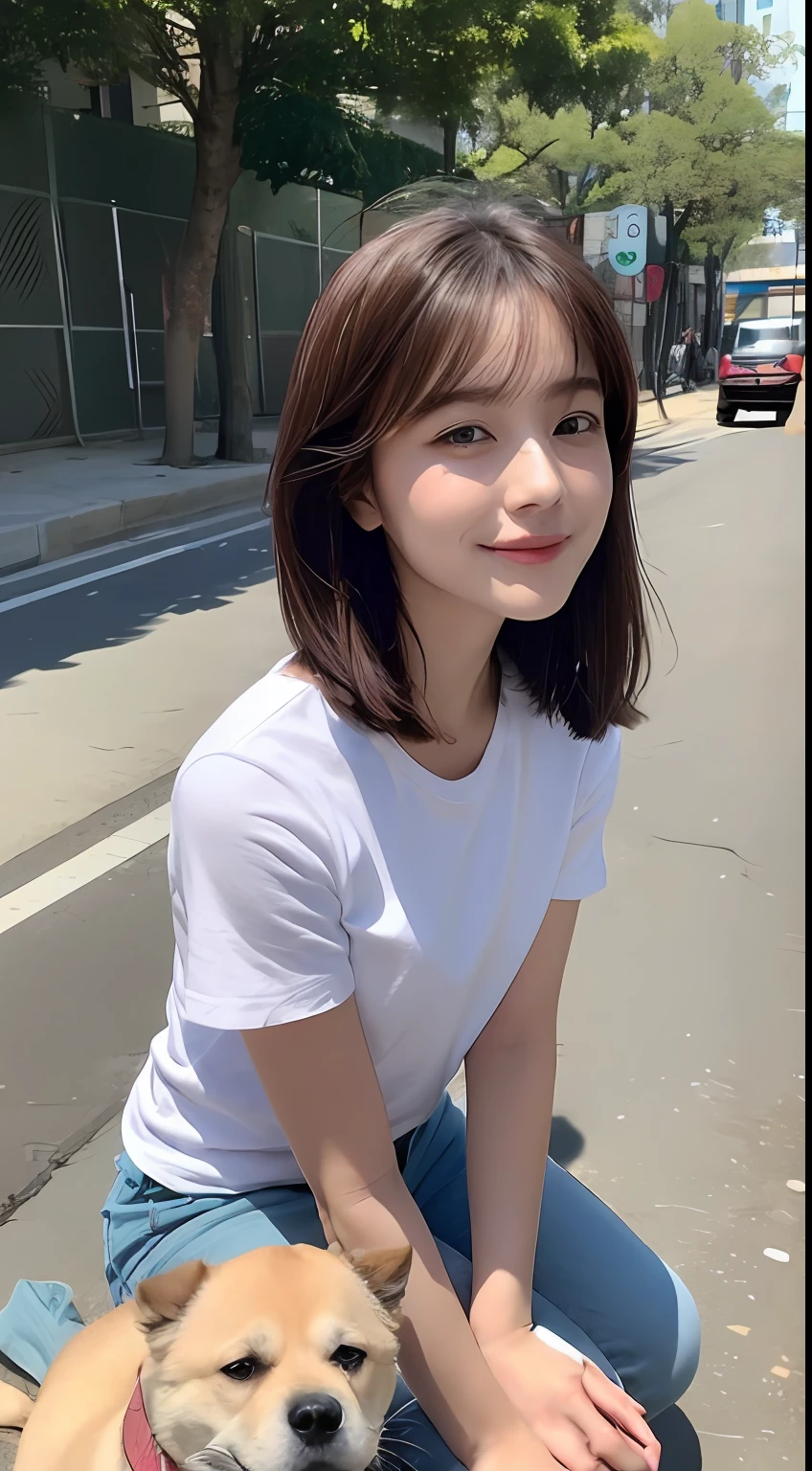 ((top-quality、8K、​masterpiece:1.3))、1girl in、A smile、full body Esbian、Slim Faces、Pretty women、g-cup:1.2、valley、 a short bob、(dark brown  hair)、Thin shirt、Short pants:1.1、hyperdetailed face、A detailed eye、二重まぶた、blured background、Slim Faces、城市、takeout、a street、Stay with the dog:1.3、pet、Staring at the dog