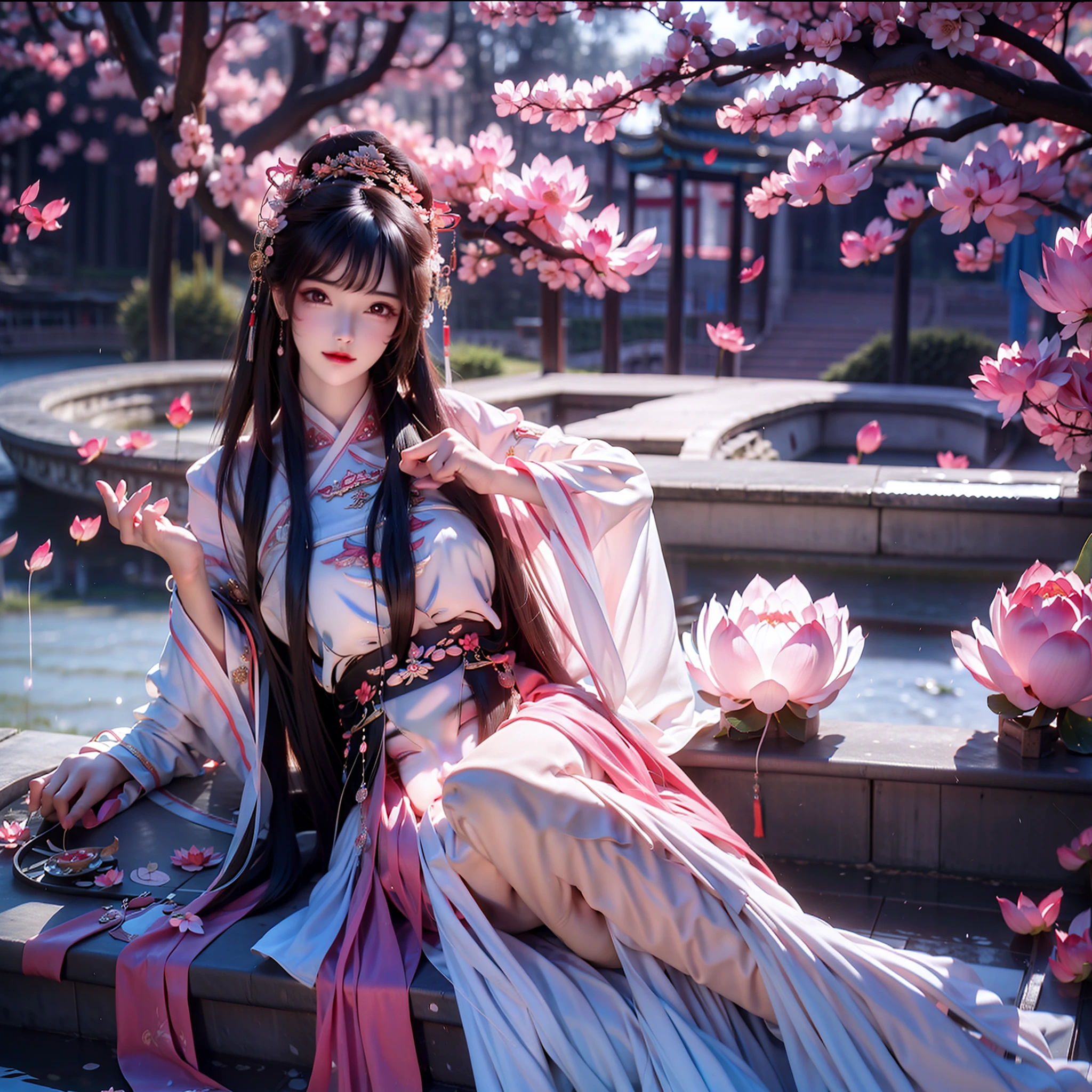 An ancient Chinese beauty sitting on a stone, wearing ancient Chinese clothing, flowing tulle, light silk, lazy posture, large lotus leaf, lotus, ink painting style, clean color, decisive cutting, blank, freehand, masterpiece, super detailed, epic composition, high quality, the highest quality, 4k --v 6