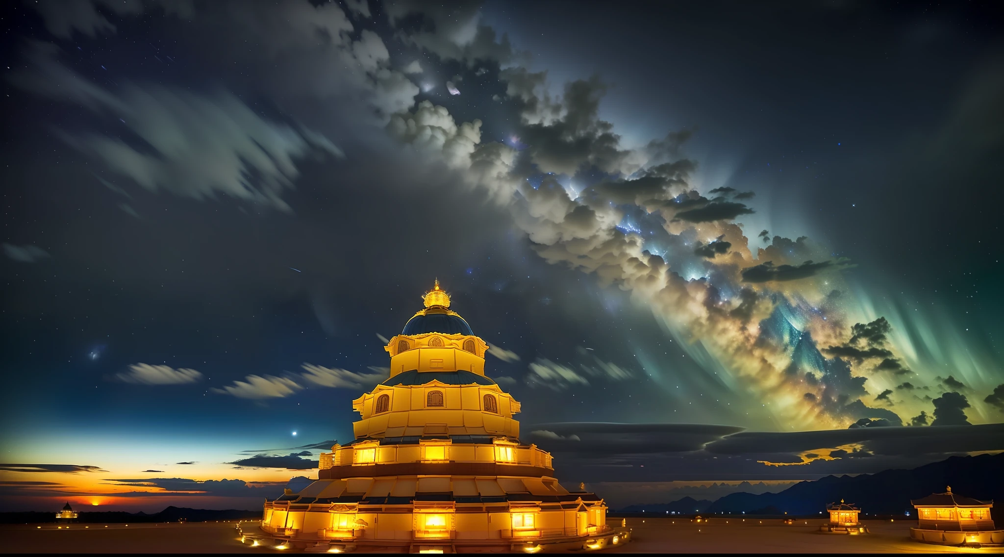 Mila, Maitreya Bodhisattva,Maitreya, a large golden buddha statue sitting in a room with a blue ceiling and a blue sky background with clouds, above_clouds, airship, aurora, bridge, building, castle, chimney, city, city_lights, cityscape, clock, clock_tower, cloud, cloudy_sky, constellation, crescent_moon, desert, earth_\(planet\), fireworks, floating_island, fountain, galaxy, glowing, house, island, lamppost, lantern, light_particles, milky_way, moon, mountain, night, night_sky, no_humans, planet, scenery, shooting_star, sky, skyline, skyscraper, snow, snowing, space, star_\(sky\), star_\(symbol\), starry_sky, starry_sky_print, telescope, tower, town, twilight, watercraft