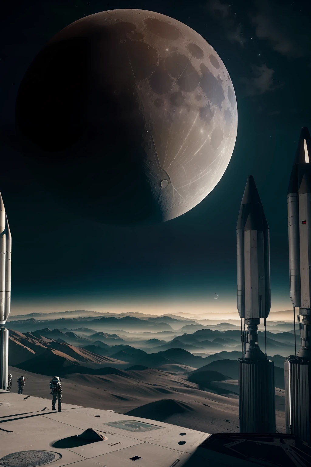 ((( androides con inteligencia artificial construyendo una base lunar))) ,((enfoque cercano de los androides,muchos detalles y texturas)) ((superficie de la luna, astronautas, maquinaria)),(espacio exterior, astronautica, base espacial), arte digital altamente detallado 4K, fondo de pantalla 4K HD muy detallado, impressive fantasy landscape, sci-fi fantasy desktop wallpaper, fondo de pantalla de escritorio de Unreal Engine 4K, Arte digital detallado 4K, sci-fi fantasy wallpaper, Dreamy epic space landscape, pintura digital mate 4K HD, obras de arte impresionantes de 8K