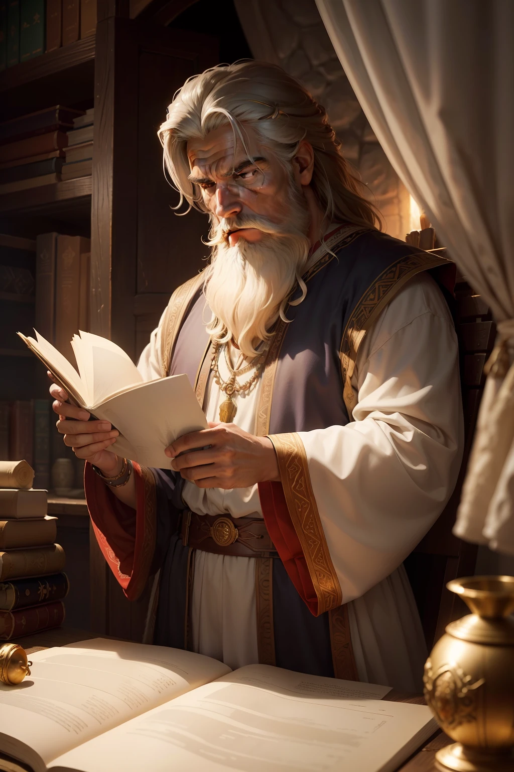 Neste mundo encantado, embark on an exciting journey with the wise Prophet Daniel, A character revered for his advanced age and unparalleled wisdom. The image will be a thrilling work of art in the style of Pixar Disney, where the details of the old clothes of the Bible and the appearance of the old protagonist come to life.The Prophet Daniel is to be portrayed as an elderly sage, com barba e cabelos brancos, wearing old clothes from the Bible, like a long tunic and holding in his hand a scroll of parchment, symbolizing your connection to sacred writing.Your gaze must express the serenity that only the experience of a life dedicated to faith and wisdom can bring, com rugas suaves ao redor dos olhos, destacando a passagem do tempo.Create a Lion's Lair with realistic touches, mas mantendo o estilo Pixar Disney, com animais levemente antropomorfizados, without losing the majesty and greatness that lions represent.Add magical elements to the environment, como uma luz suave emanando do Profeta Daniel, symbolizing your special connection to spirituality.Use quente, rich colors to bring the scenery to life, like the reddish earth of the well contrasting with Daniel's tunic and the white of his beard.Make sure that the prophet Daniel's expression conveys confidence and tranquility, Showing that he faces the Lions with the conviction that he is protected by force majeure.Feel free to add meaningful details to the setting that reflect the character's wisdom and spirituality, providing an exciting experience for those who contemplate the image. Good luck in your creation!