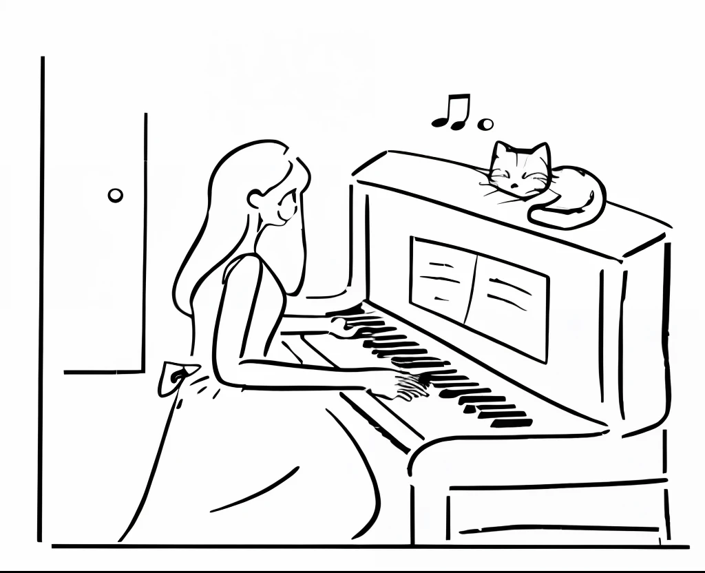 Cartoon drawing of a woman playing the piano，There is a cat on it, cat [ Play the piano ], Play the piano, Pianist, line art colouring page, piano, The music being played, piano in the background, there is a cat next to her, Simple lines of art, black and white color only, colouring - in sheet, Inspired by Kawai Tamamichi