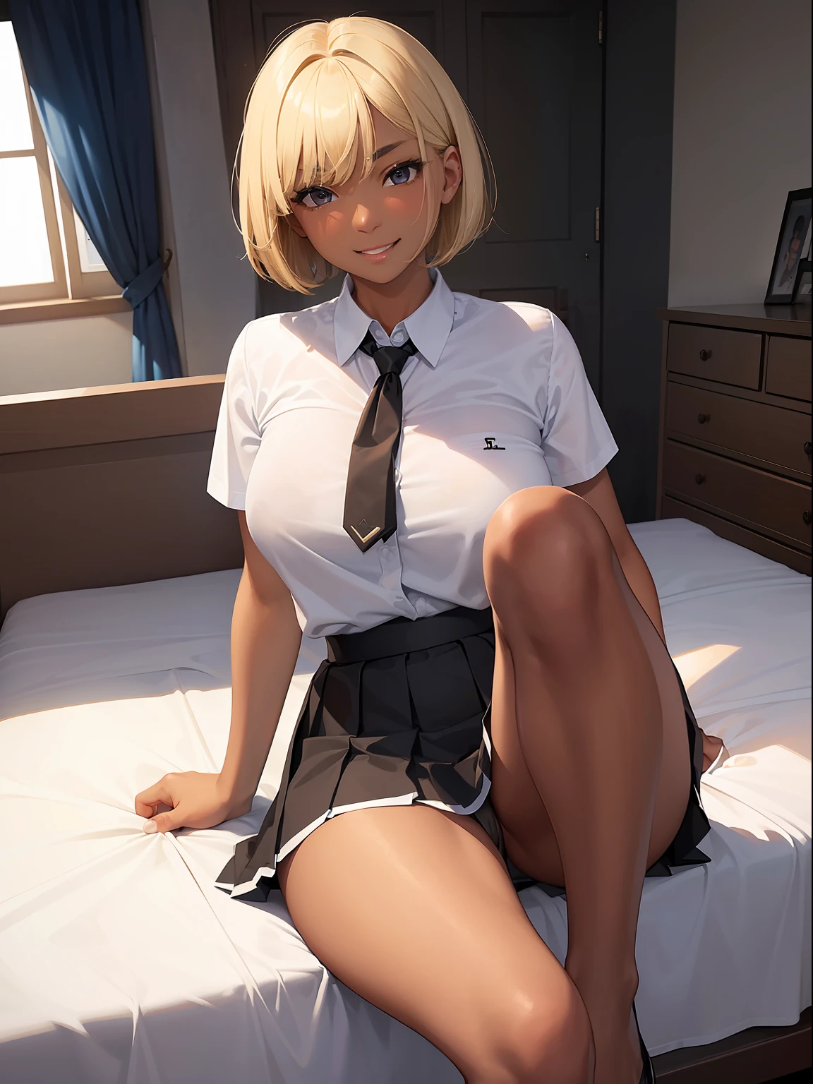 ​masterpiece、top-quality、1Female 、(a blond)、Short bob cut、huge tit、((dark brown skin))、(Black eyes)、(Black eyebrows)、(White shirt)、(Blue pleated skirt)、Nasty smile、a bed、sit with your legs spread、Show off your panties