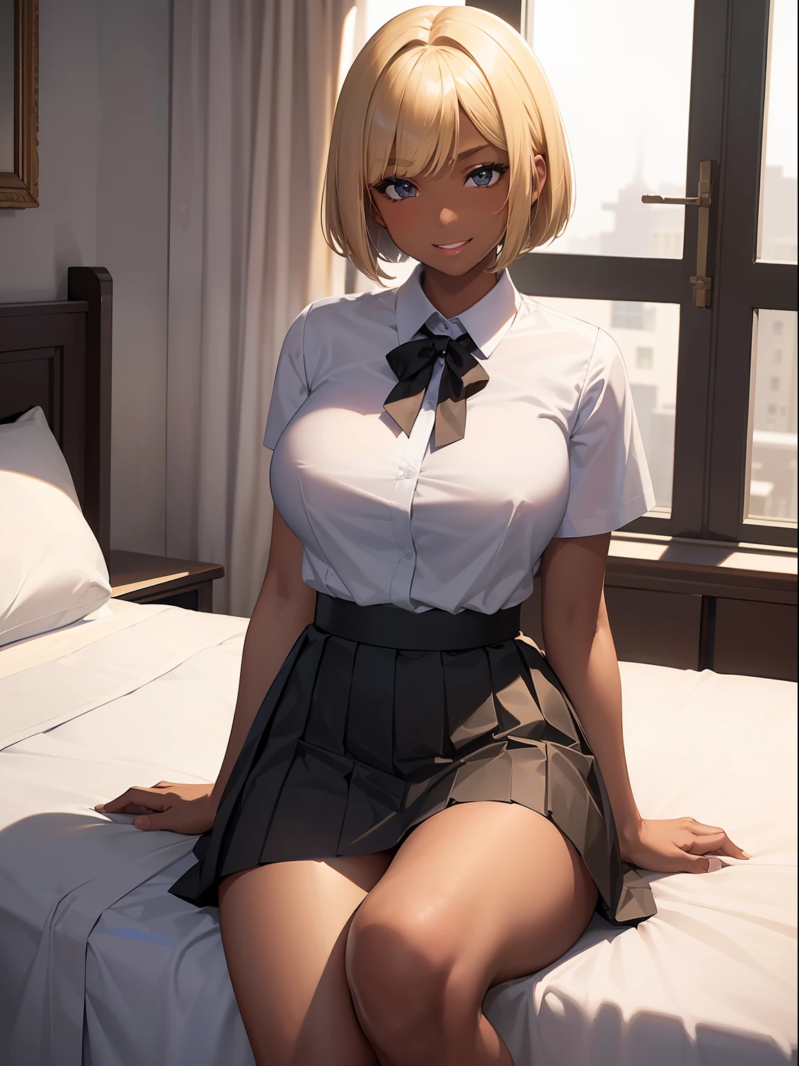 ​masterpiece、top-quality、1Female junior high school students、(a blond)、Short bob cut、huge tit、((dark brown skin))、(Black eyes)、(Black eyebrows)、(White shirt)、(Blue pleated skirt)、Nasty smile、a bed、sit with your legs spread、Show off your panties