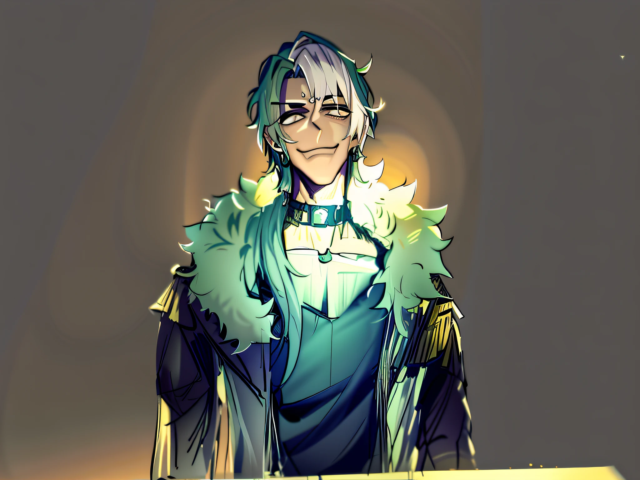 desenho de um homem em um casaco branco e gravata borboleta, inspirado em Okumura Masanobu, fanart requintada altamente detalhada, ( ( arte conceitual do personagem ) ), he's smiling, Directed by: Kamisaka Sekka, pintado em anime painter studio, cara bonito na arte demon slayer, sorrindo lascivamente --auto