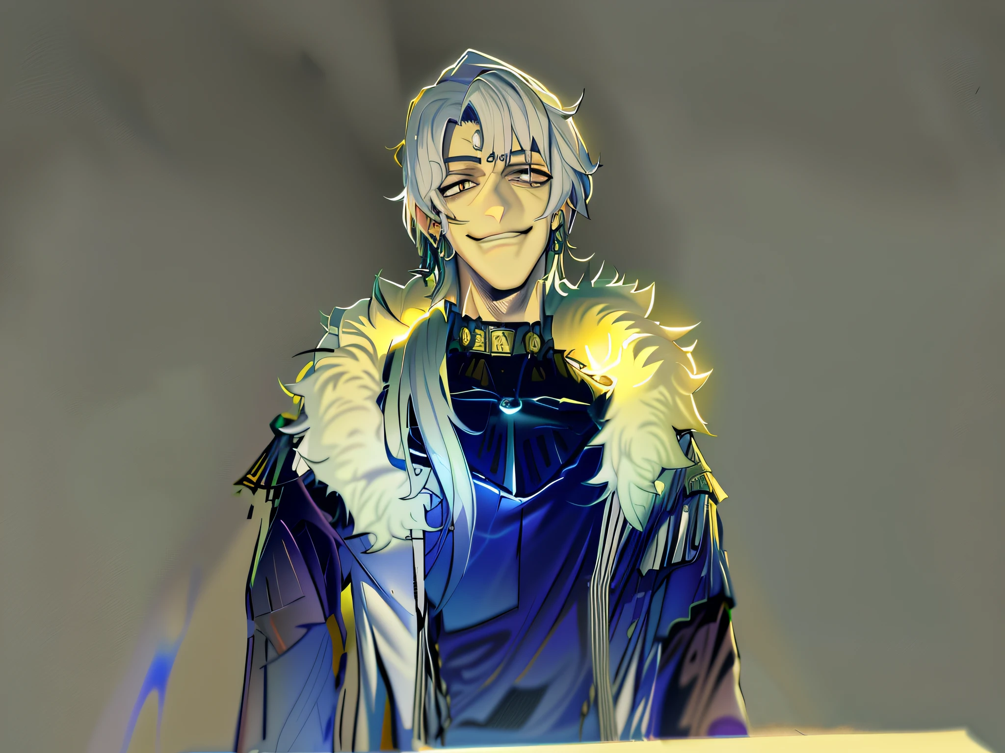 desenho de um homem em um casaco branco e gravata borboleta, inspirado em Okumura Masanobu, fanart requintada altamente detalhada, ( ( arte conceitual do personagem ) ), he's smiling, Directed by: Kamisaka Sekka, pintado em anime painter studio, cara bonito na arte demon slayer, sorrindo lascivamente --auto