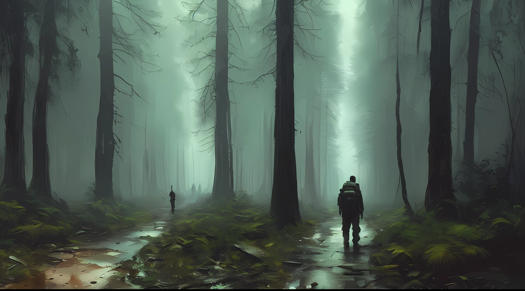 (masterpiece) high detailed RAW, a post apocalyptic man with a backpack is walking through a dark alley way in a forest with tall buildings and trees , hassanfantasy style , by Jeremy Mann and Donato Giancola ultra realistic highly detailed intricate photorealistic