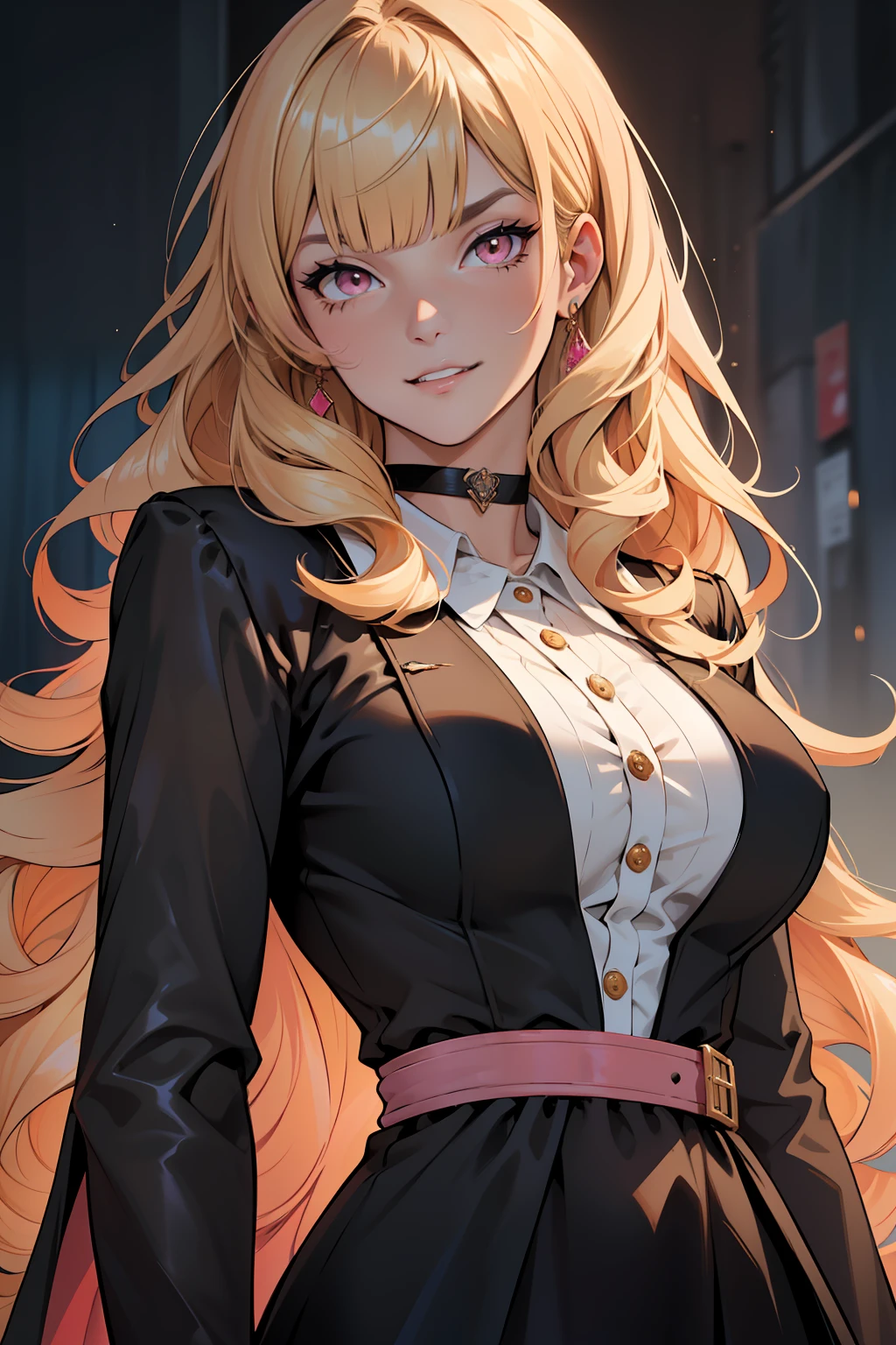 ((Melhor qualidade)), ((obra-prima)), (altamente detalhado:1.3), a young adult woman with a mischievous and sexy expression, with voluminous, wavy hair, With peach blonde bangs and pink eyes and voluminous lips, wearing a black velvet choker and a white silk dress and a plush cropped coat;